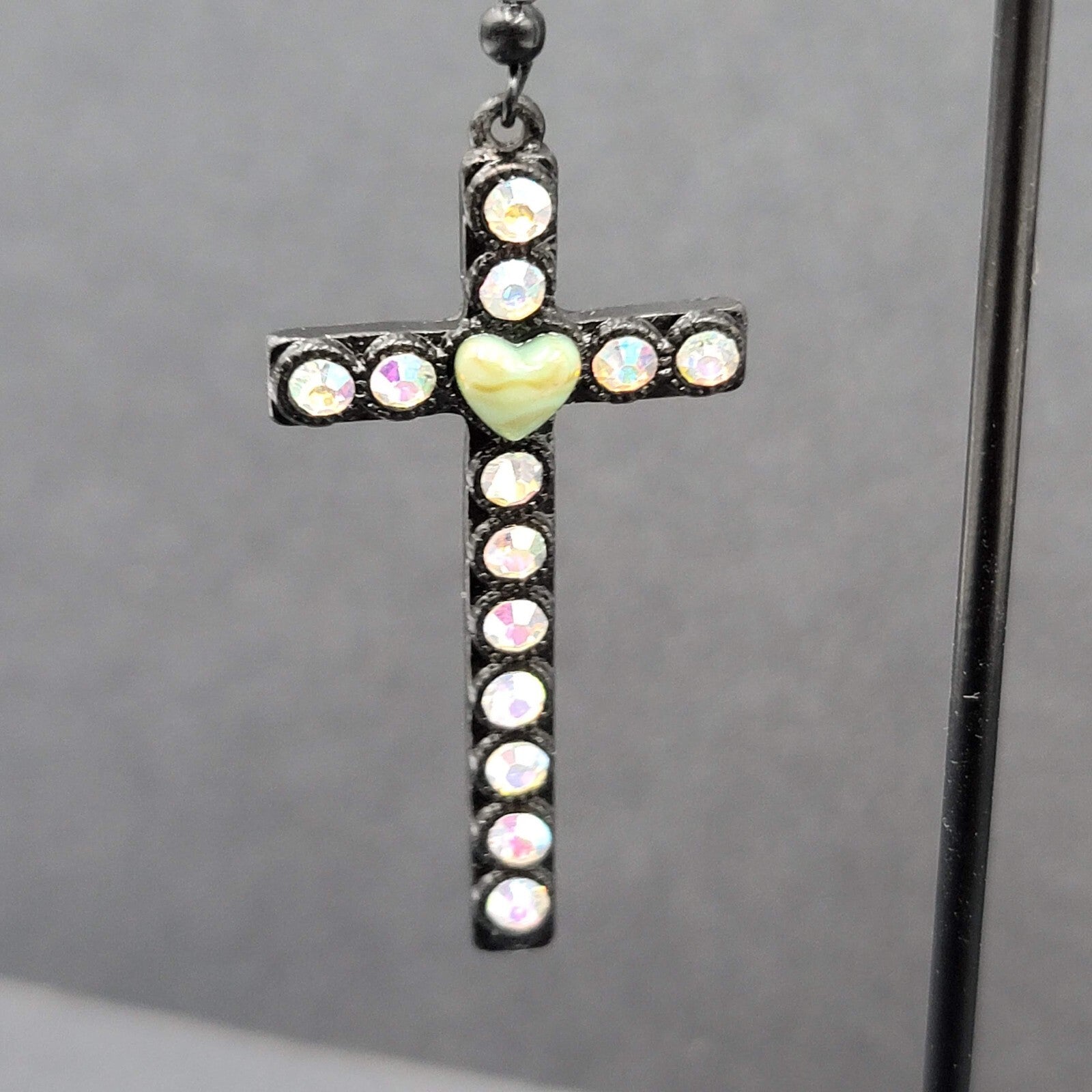 Cross Heart Pierced Earrings Black Metal Enamel AB Rhinestones Dangle 1 7/8"