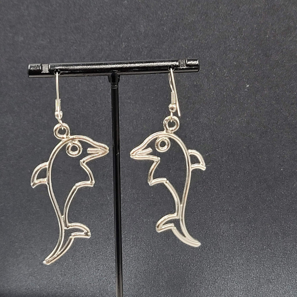 Dolphin Pierced Earrings Silver tone Dangle 2 1/8"