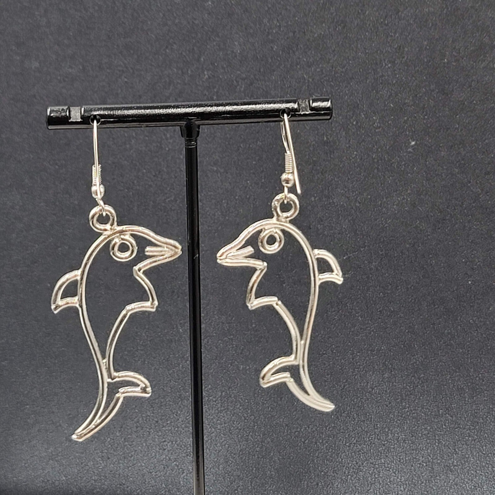 Dolphin Pierced Earrings Silver tone Dangle 2 1/8"