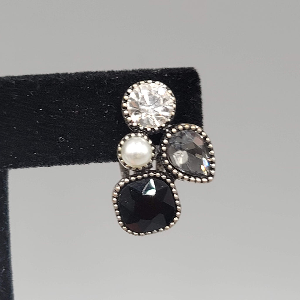 Modern  Clip on Earrings Gray Clear Crystal Dark Silver tone Drop 7/8"