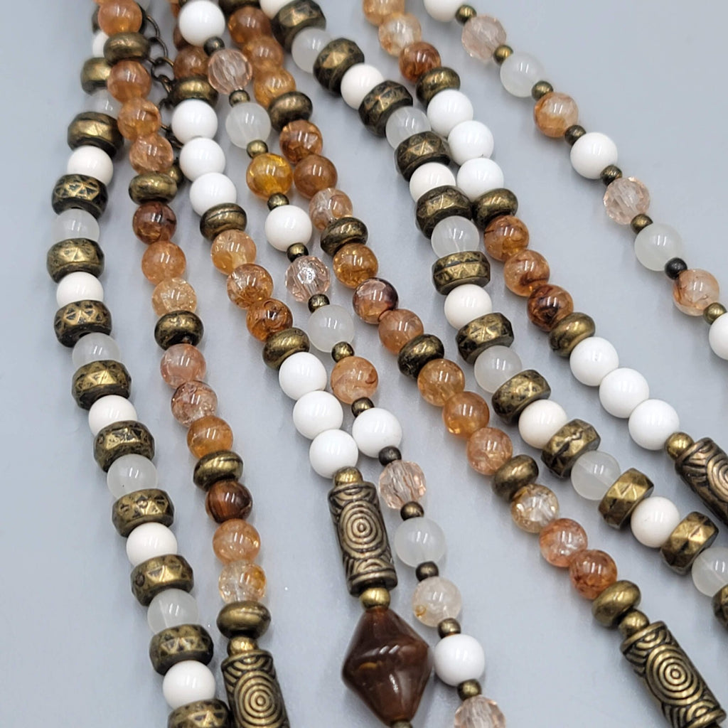 Premier Designs Necklace Bronze tone Brown White Bead 16"+