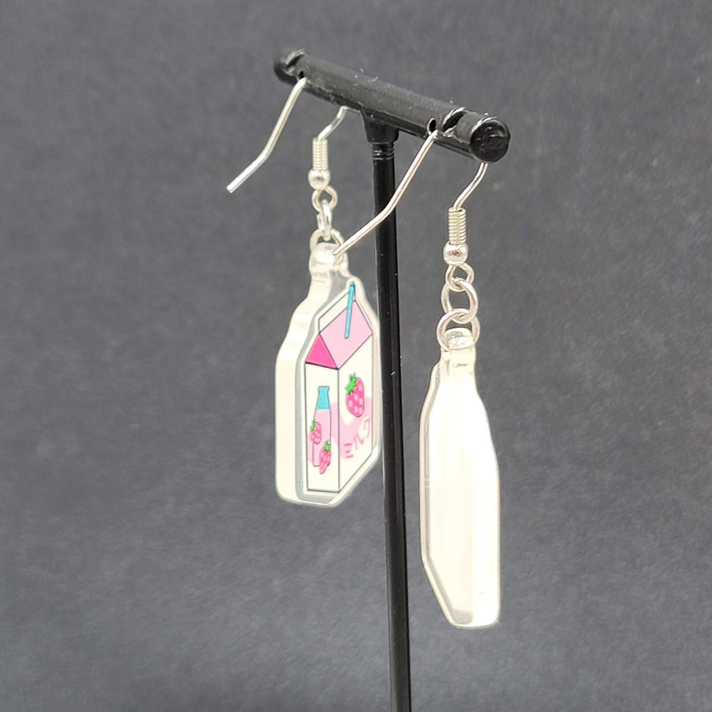 Strawberry Milk Pierced Earrings Acrylic Dangle Silver tone Hooks 1.5"