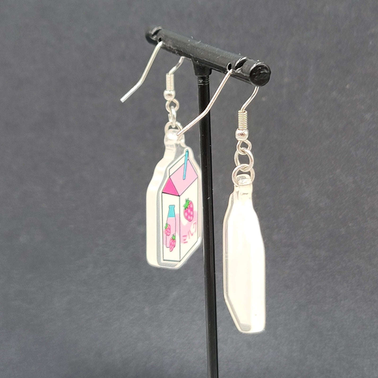 Strawberry Milk Pierced Earrings Acrylic Dangle Silver tone Hooks 1.5"