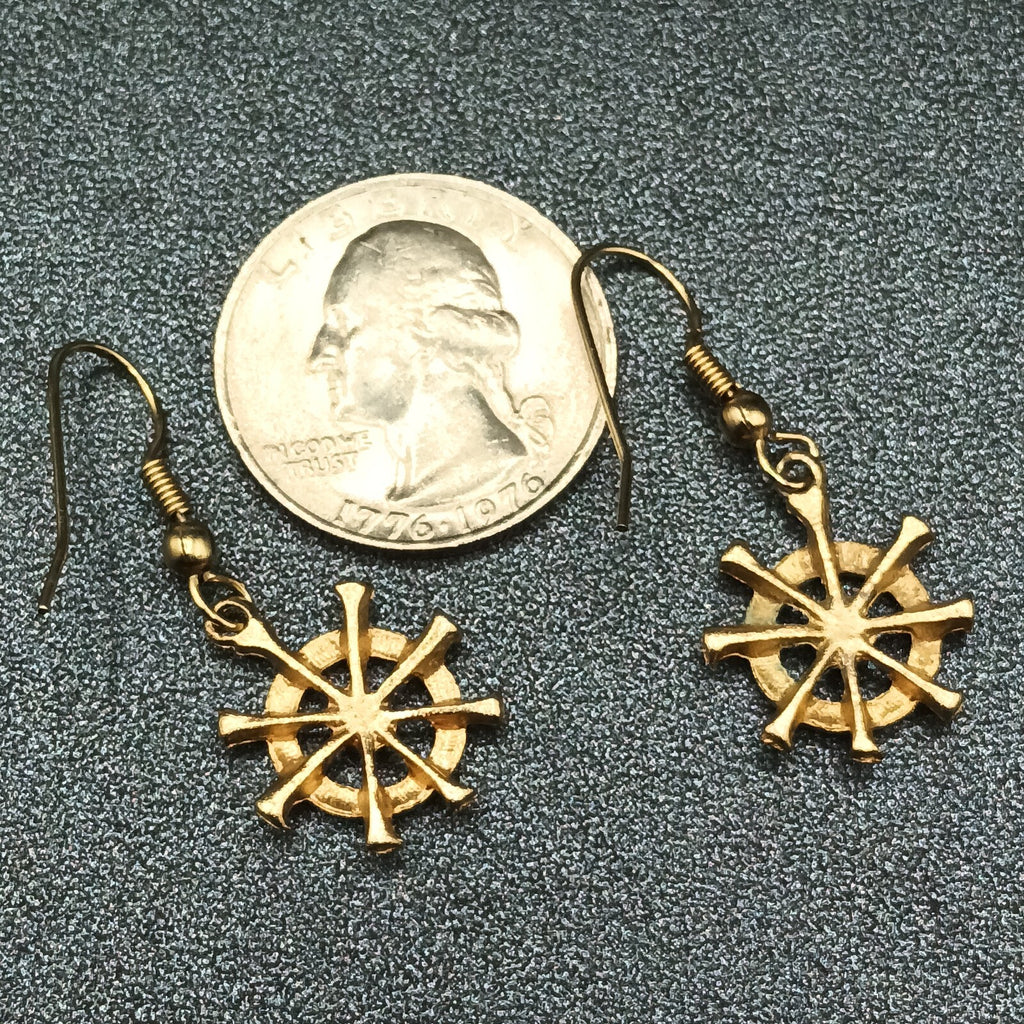 Pierced Earrings Gold tone Ship Wheel Nautical Theme Dangle 3/4"