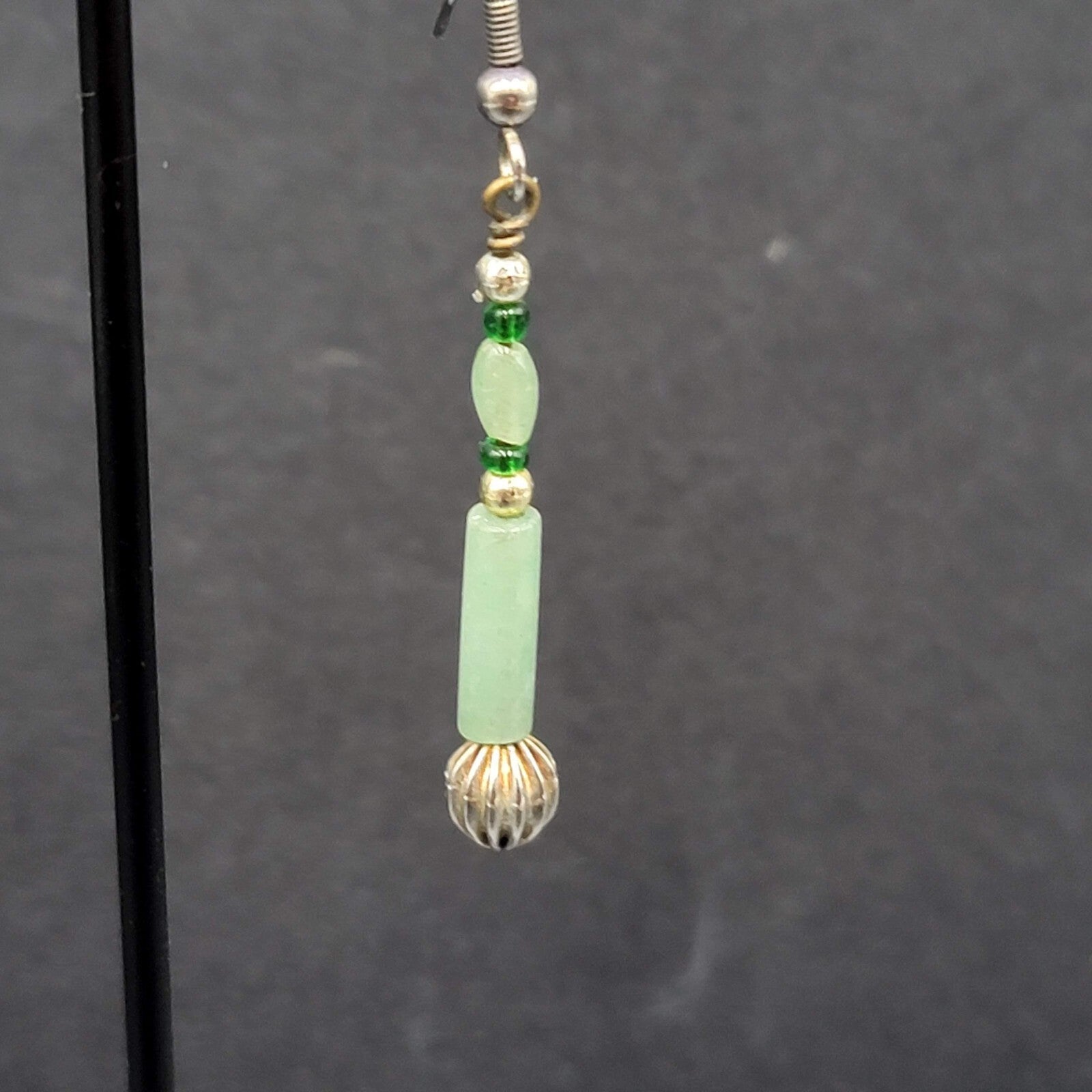 Pierced Earrings Silver tone Jade Beaded Long Thin Dangle  1.5"