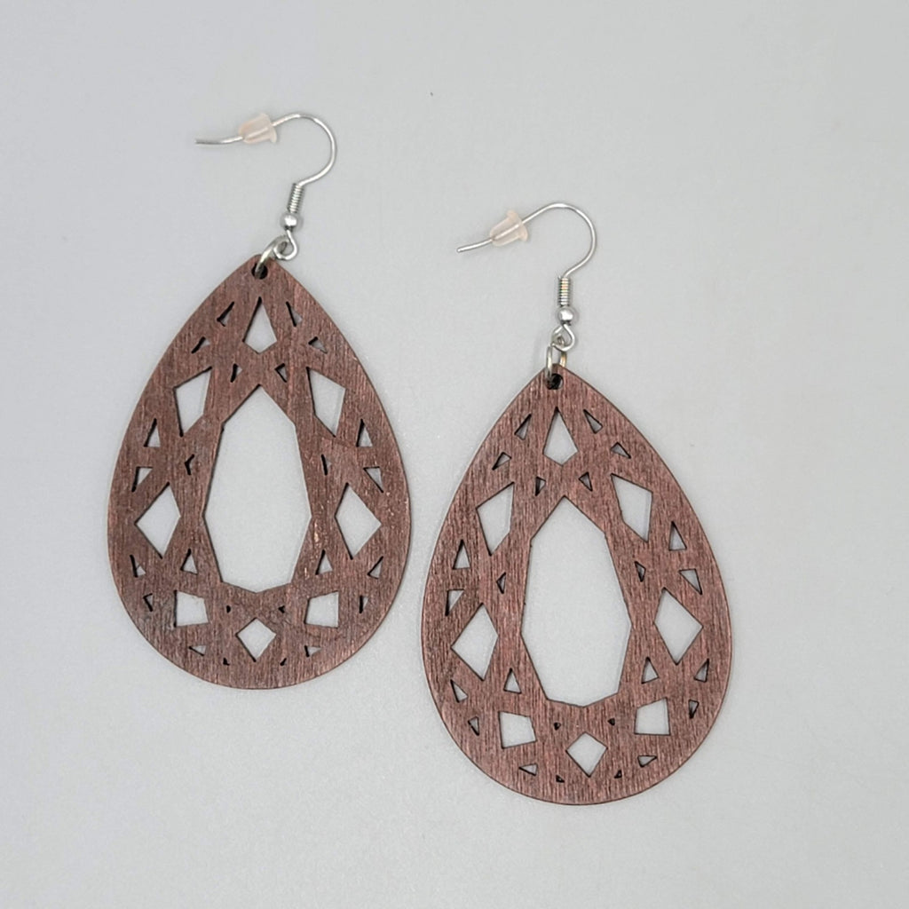 Wood Cut Large Teardrop Boho Pierced Earrings Silver tone Dangle 2.5 in