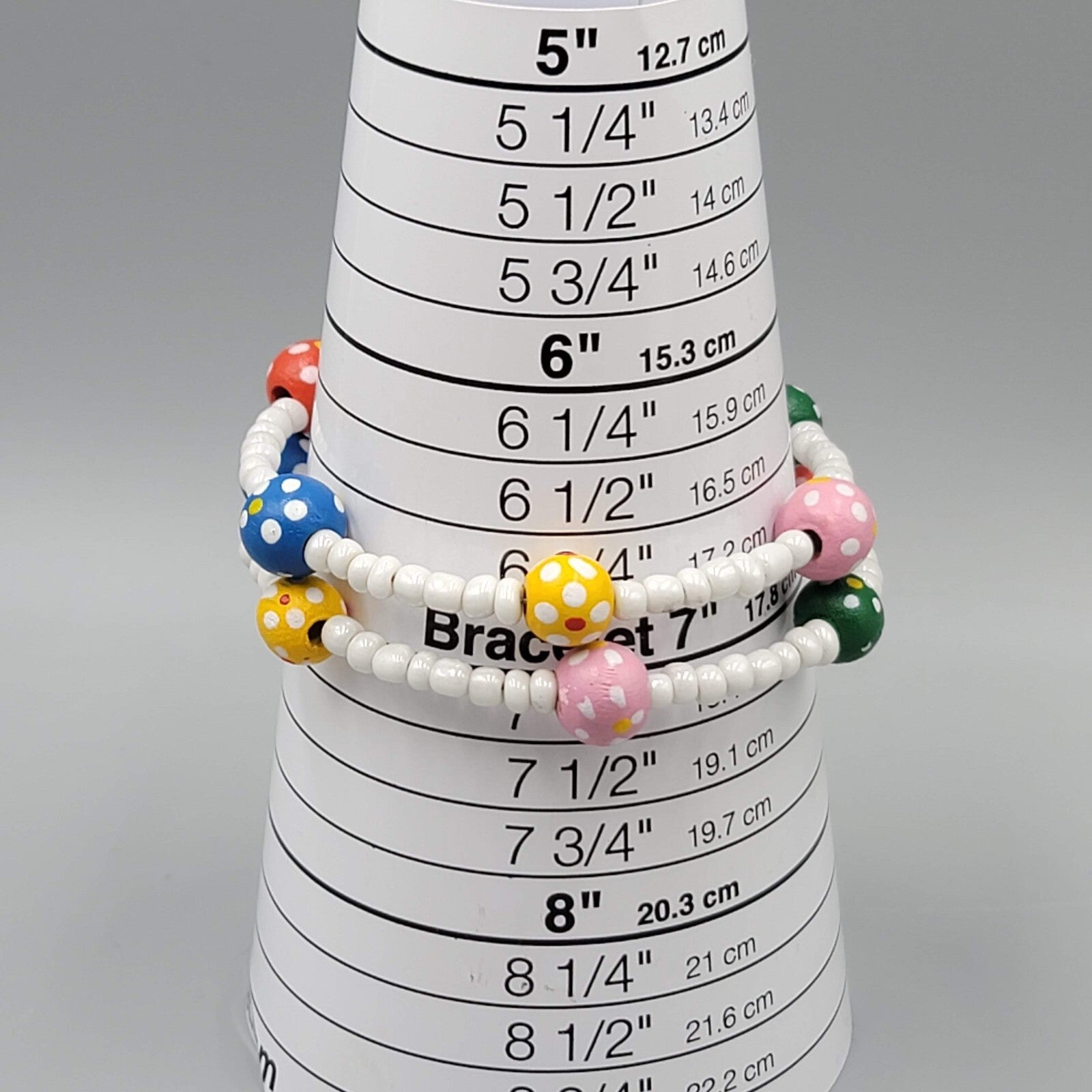 Memory Wire Bracelet Hand Painted Wood Beads White Seed Bead Adj.