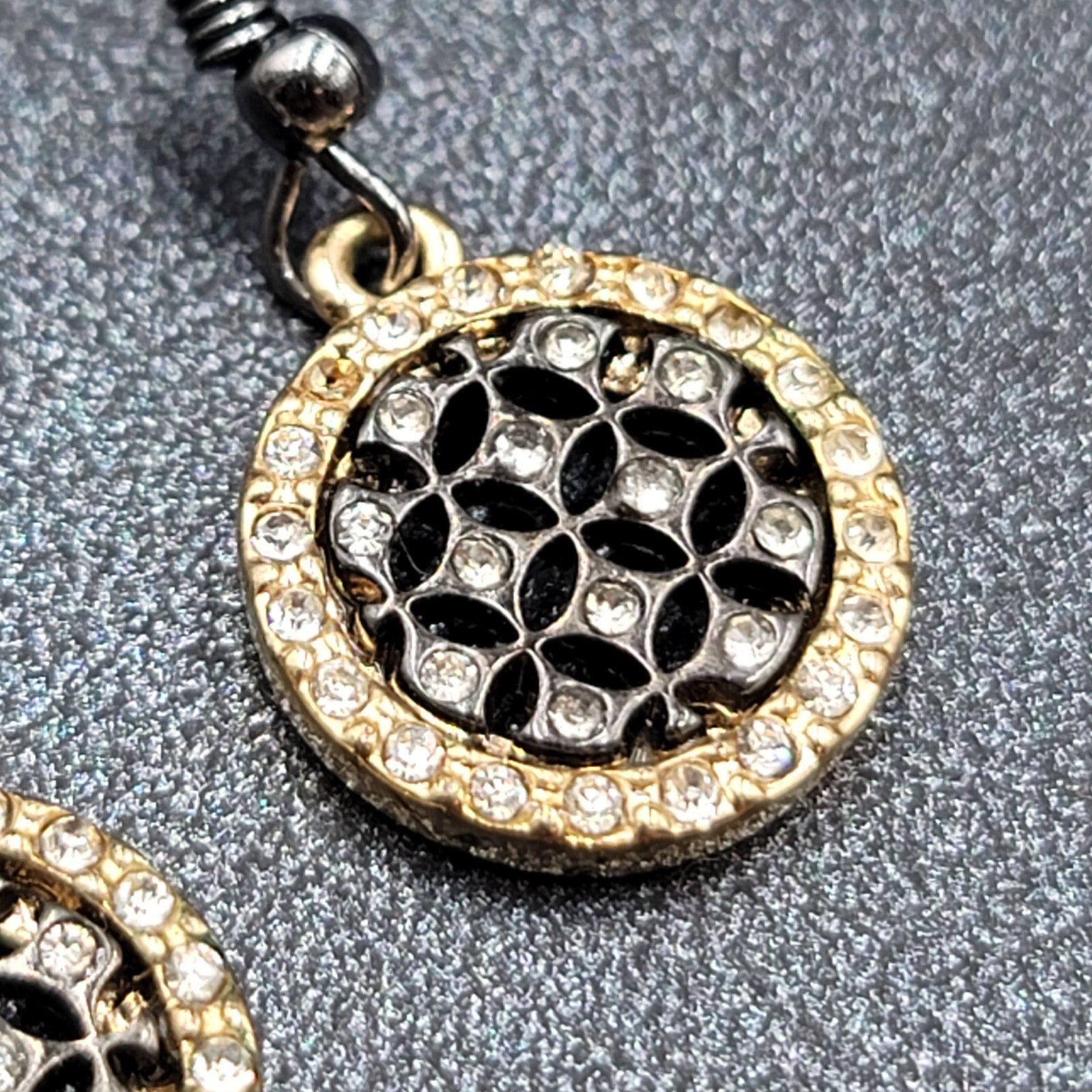 Pierced Earrings Black Metal Gold tone Crystal Round Open Work Dangle 5/8"