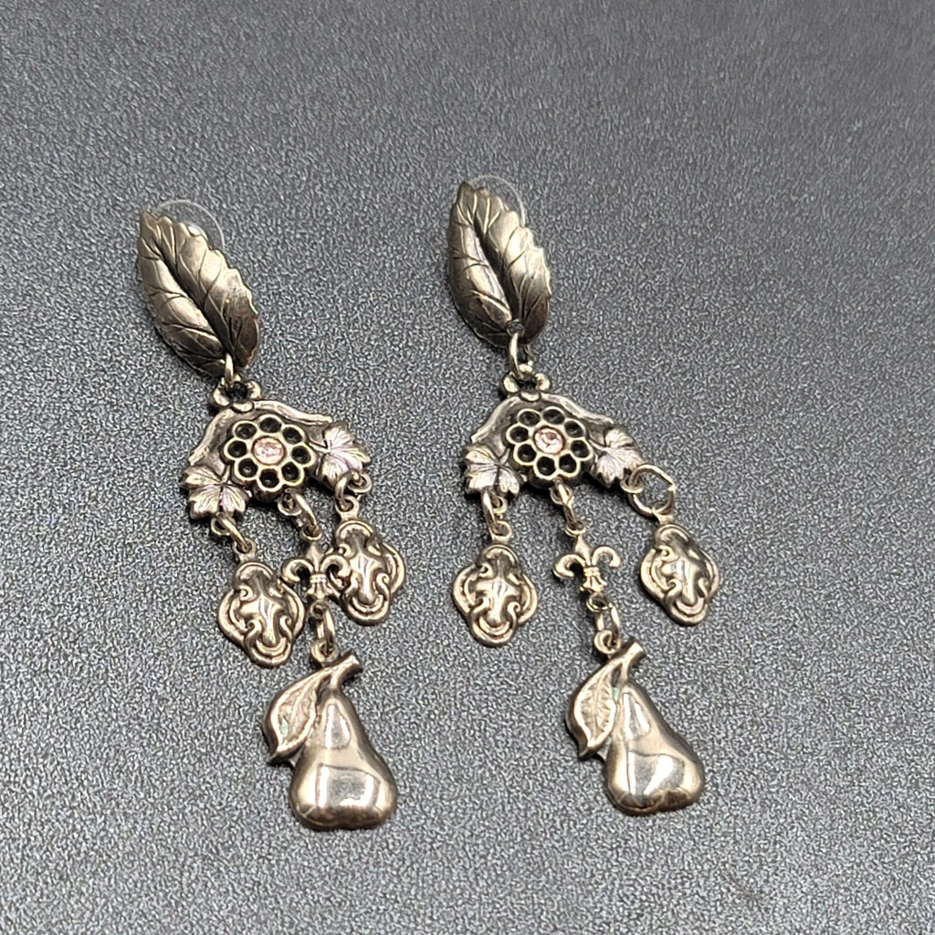 Vintage Pierced Earrings Silver tone Fruit Flowers Leaves Rhinestone 3"