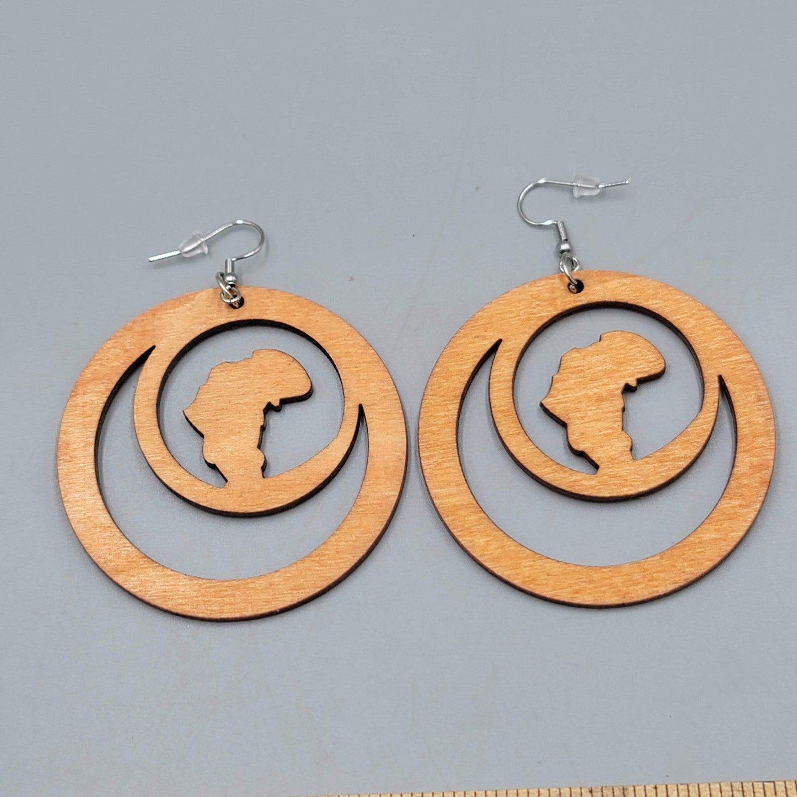 Wood Cut Large Boho Pierced Earrings Silver tone Dangle 2.5 in
