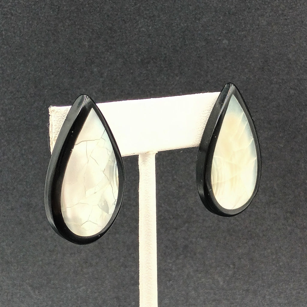 Vintage Pierced Earrings Mother of Pearl Inlaid Black Acrylic Teardrop Drop 1.5"