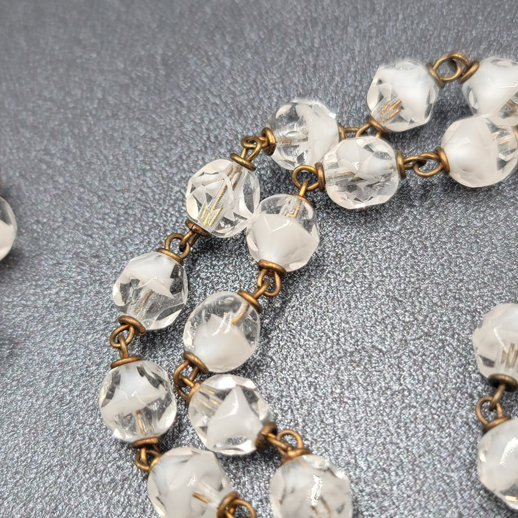 Vintage White Clear Glass Bead Catholic Rosary Crucifix Gold tone
