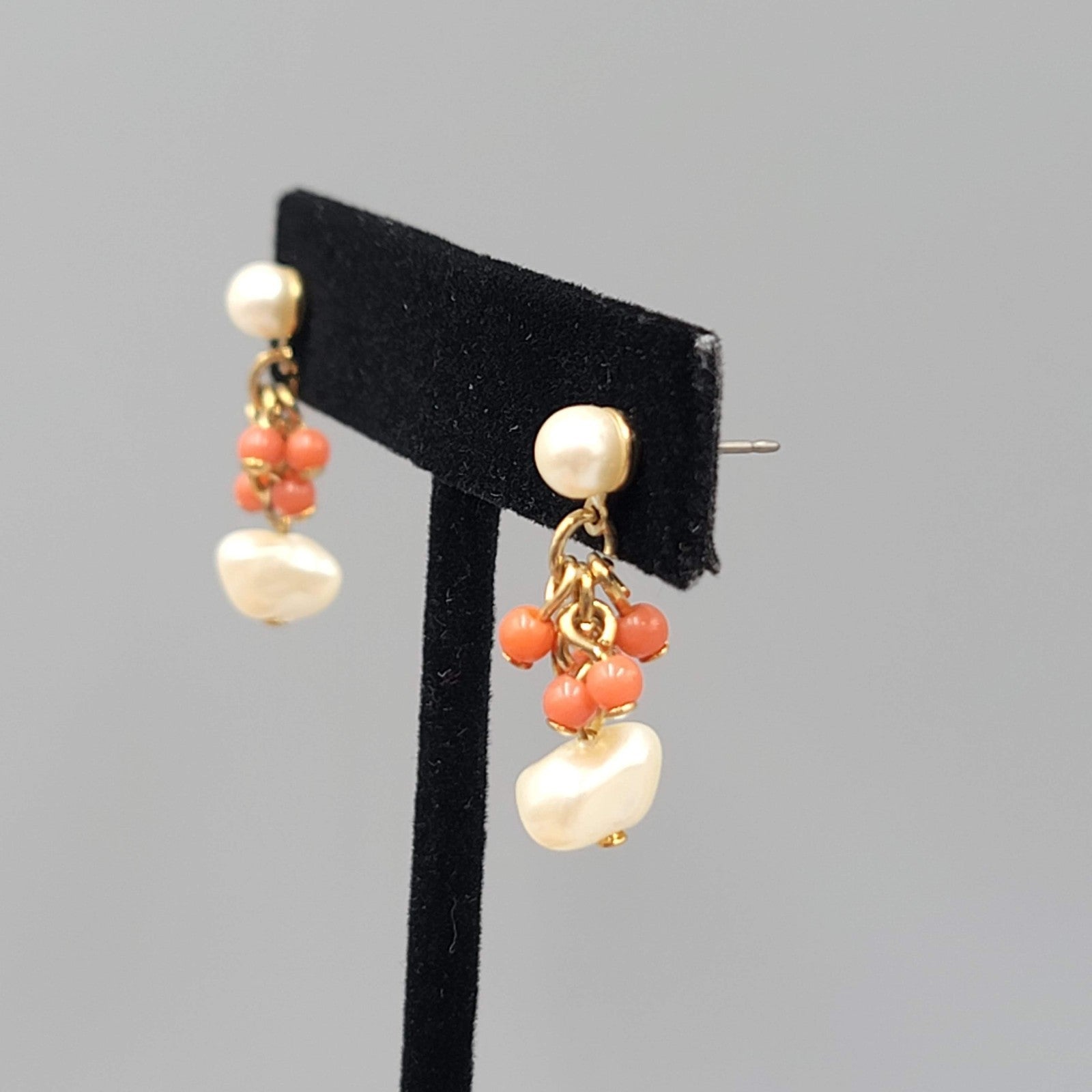New York Co Faux Pearl Faux Coral Pierced Earrings Gold tone Dangle 1"