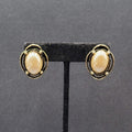Vintage Pierced Earrings Gold tone White Cabochon Oval Drop 1"