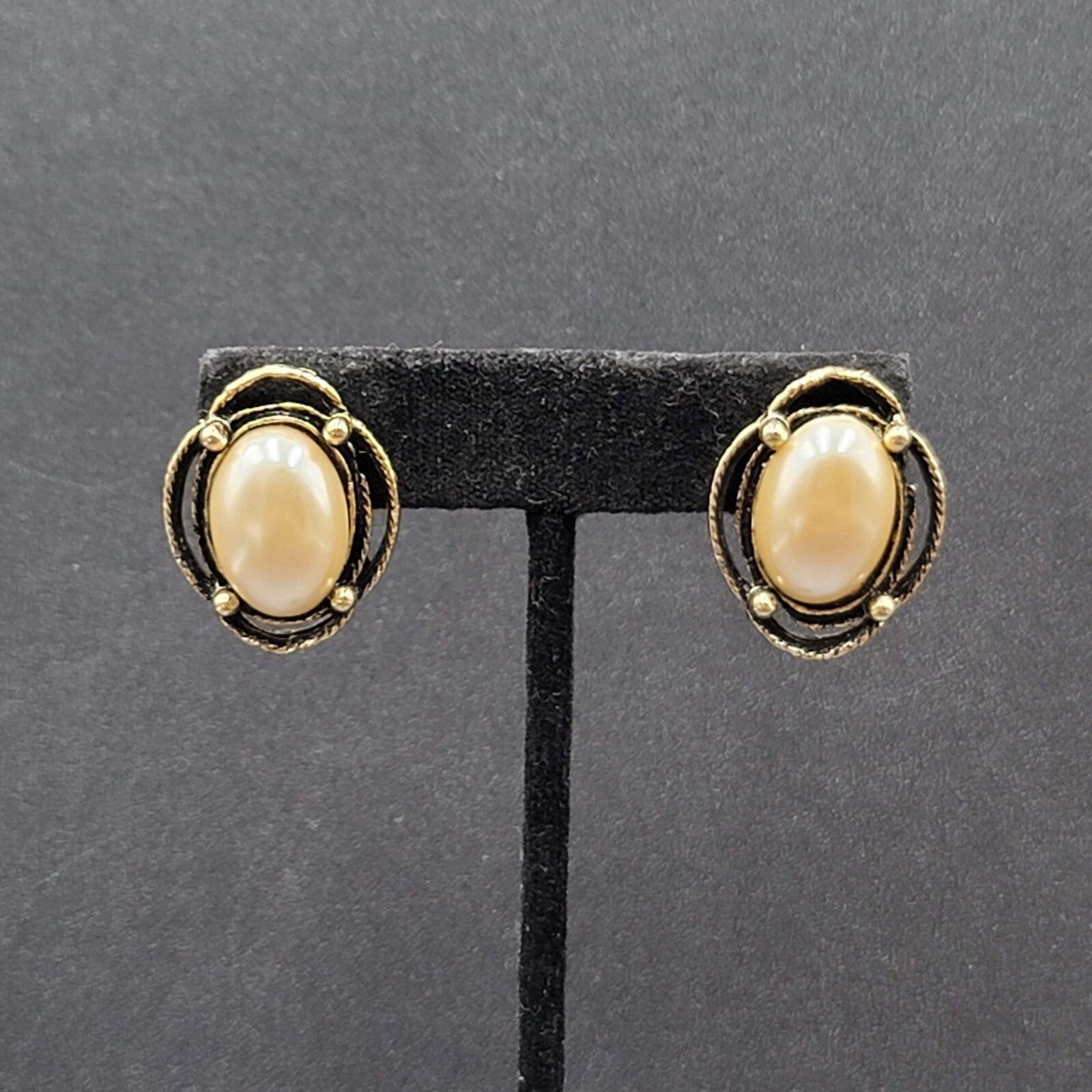 Vintage Pierced Earrings Gold tone White Cabochon Oval Drop 1"