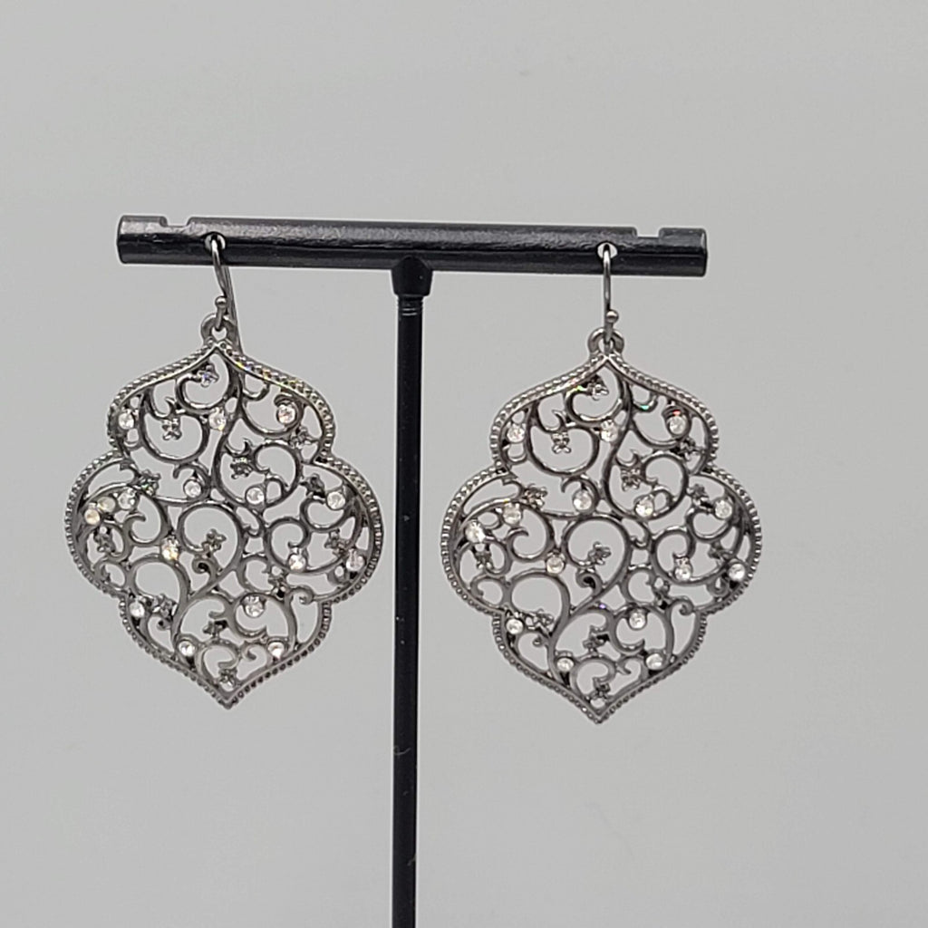 Pierced Earrings Black Metal Crystal Rhinestone Filigree Dangle 1.75"