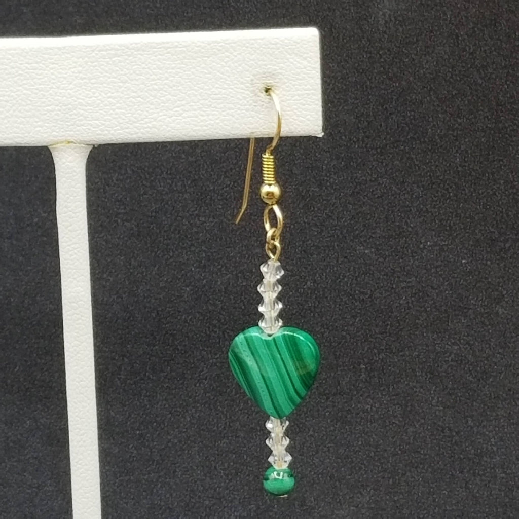 Pierced Earrings Gold tone Green Malachite Heart Crystal Beaded Dangle 1 3/8"