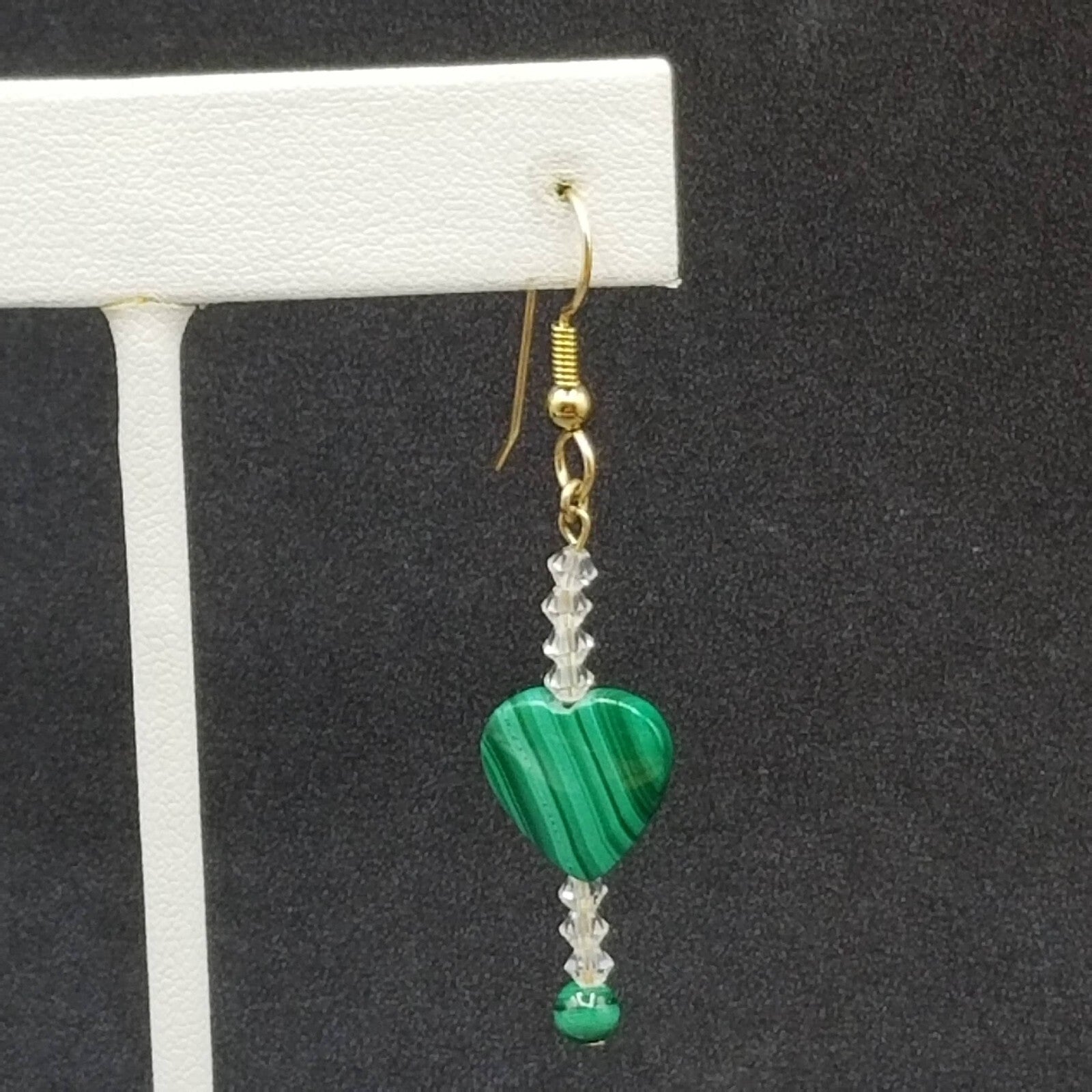 Pierced Earrings Gold tone Green Malachite Heart Crystal Beaded Dangle 1 3/8"