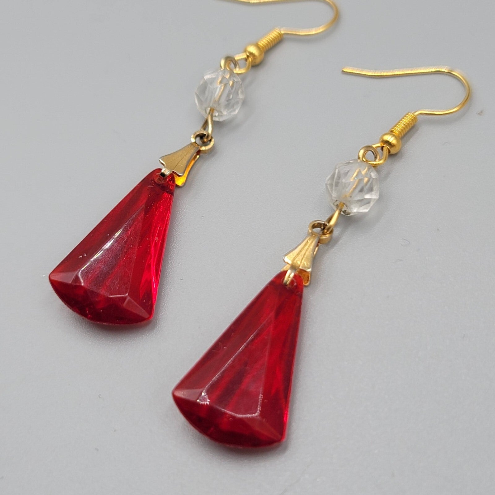 Pierced Earrings  Gold tone Red Clear Acrylic Bead Dangle 1.75" Lightweight