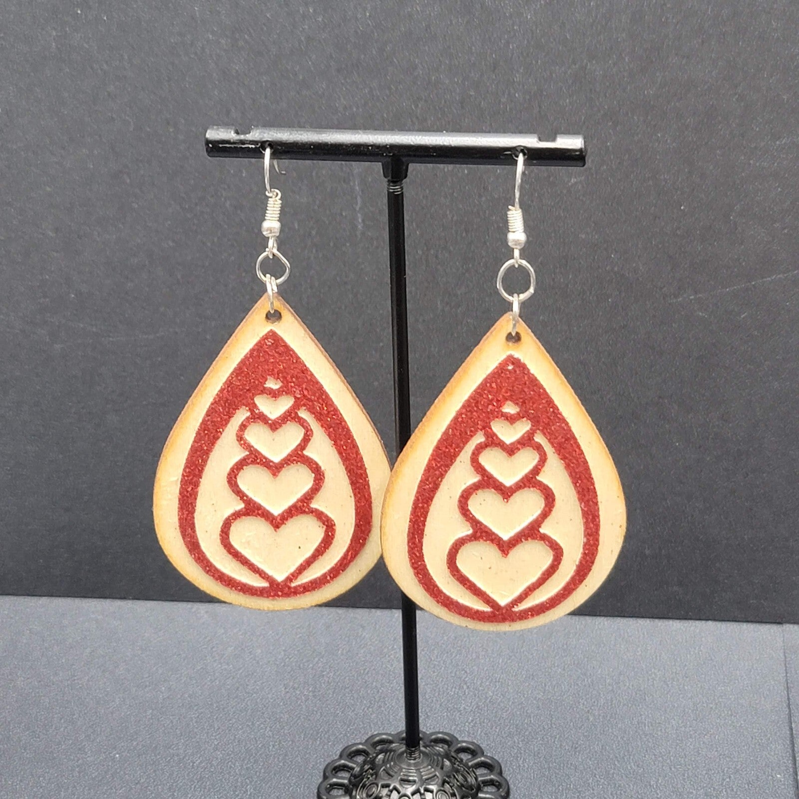 Pierced Earrings Laser Cut Wood Teardrop Red Glitter Hearts Dangle 2.25"