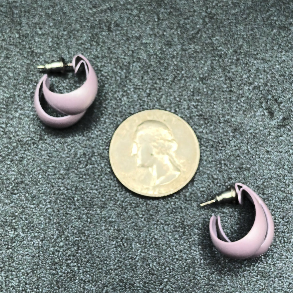 Vintage Pierced Earrings Purple enamel Dual Band Flat Hoop 7/8"