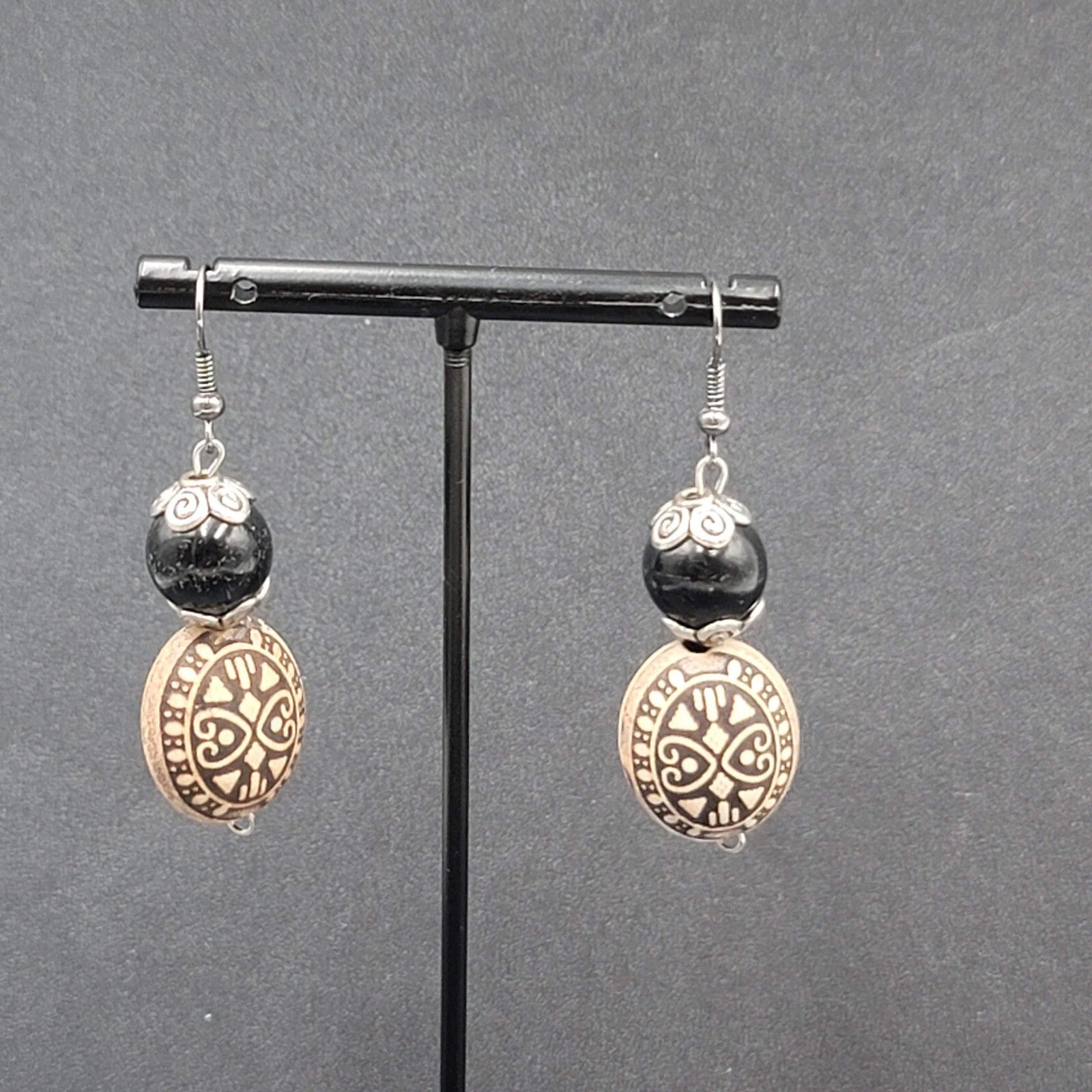 Pierced Earrings Silver tone Black Ornate Beaded Dangle 1.5"