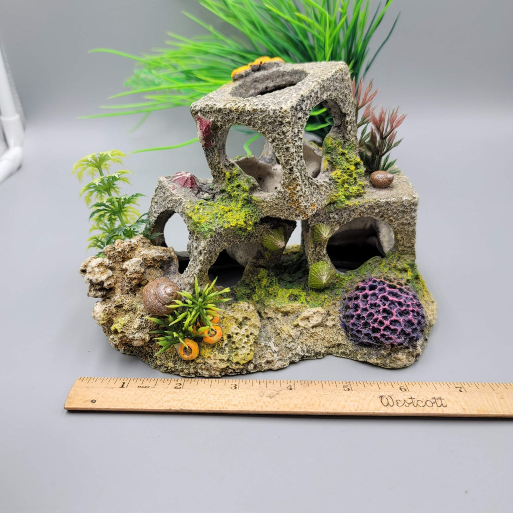 Aquarium Decor Lot Cave Rock Plant Ruins Sunken Airplane Hide Fish Tank Set 4pc