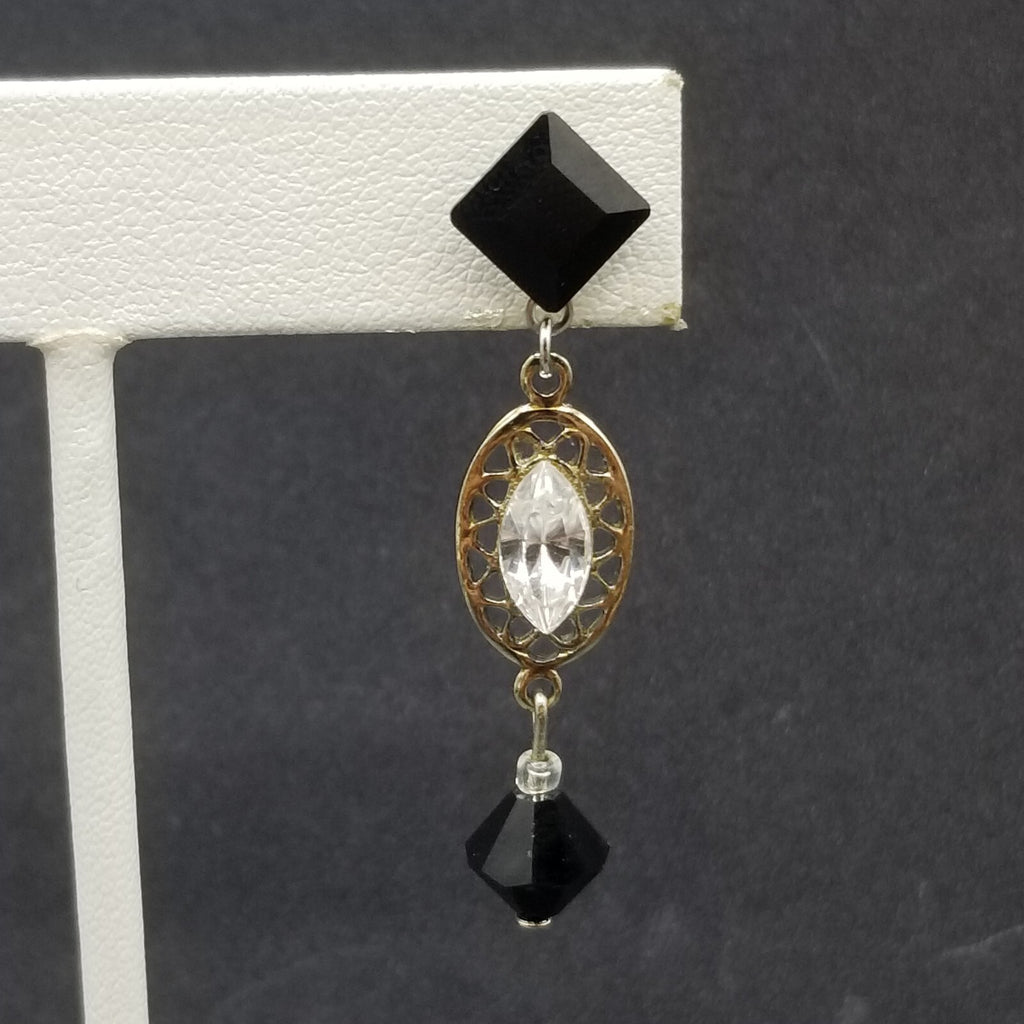 Pierced Earrings Silver tone Open Work Black Clear Faceted Crystal Dangle 1 3/4"