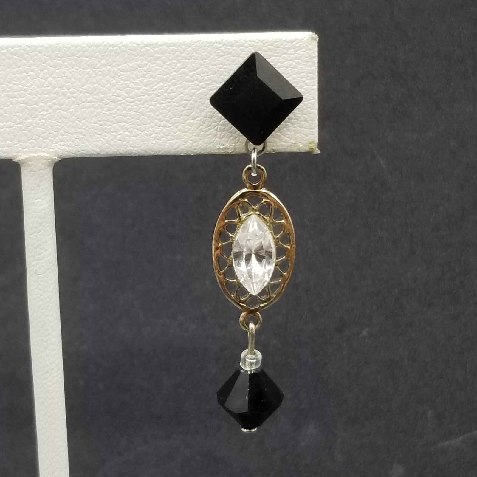 Pierced Earrings Silver tone Open Work Black Clear Faceted Crystal Dangle 1 3/4"