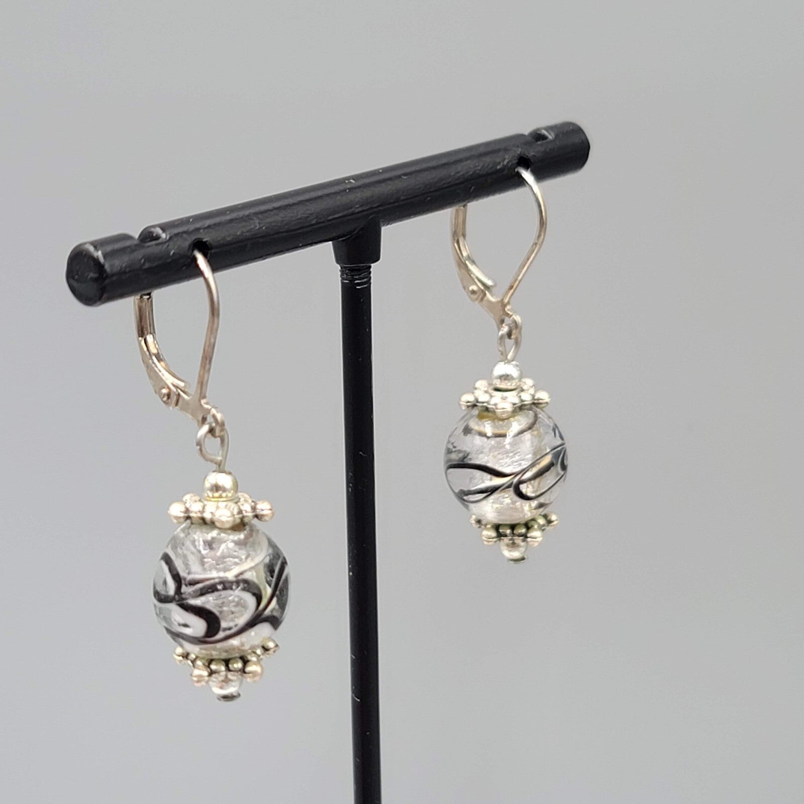Clear Black Swirl Glass Bead Pierced Earrings Silver tone Dangle 3/4"