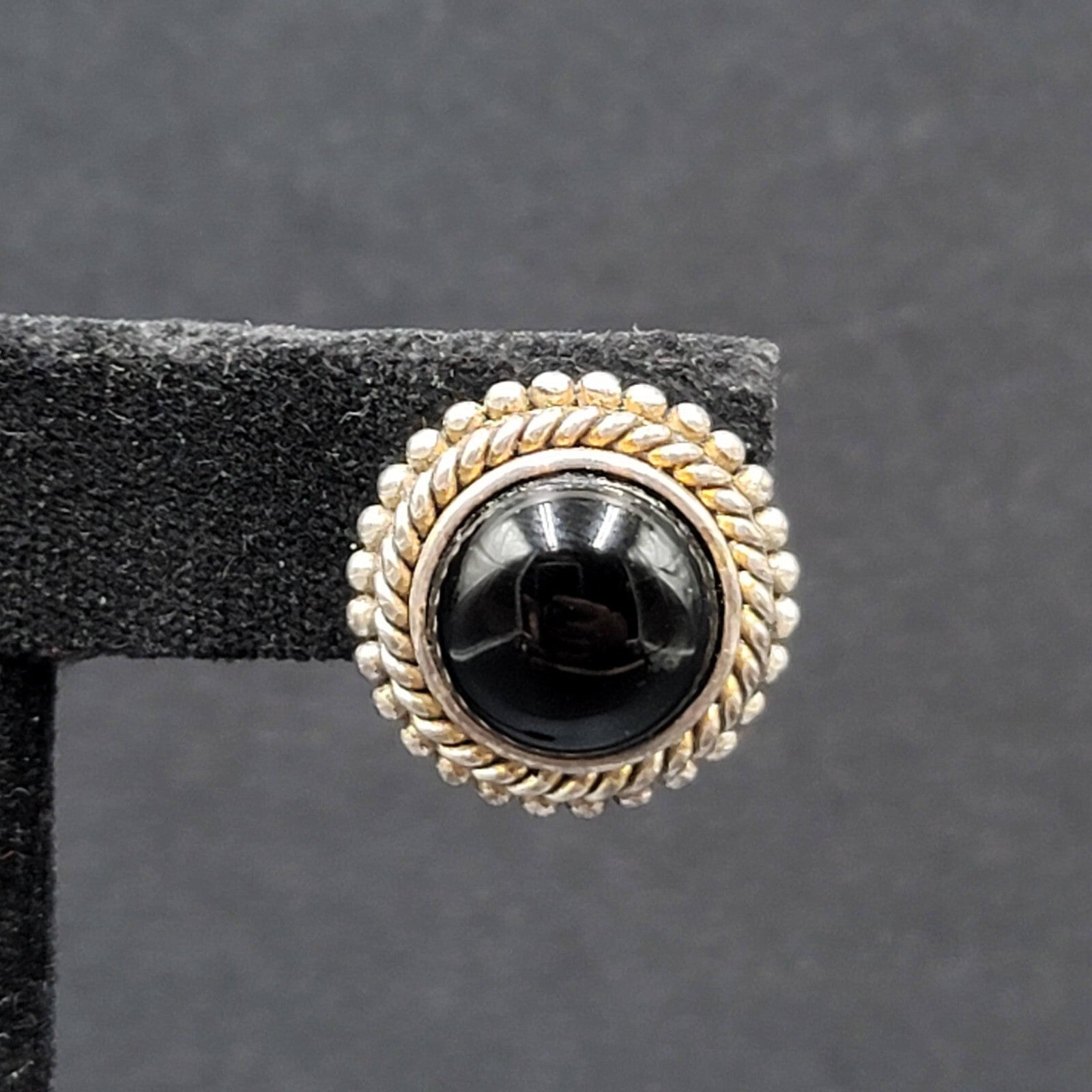 Vintage Clip on Earrings Silver Plated Black Stone Cabochon Studs 3/4"