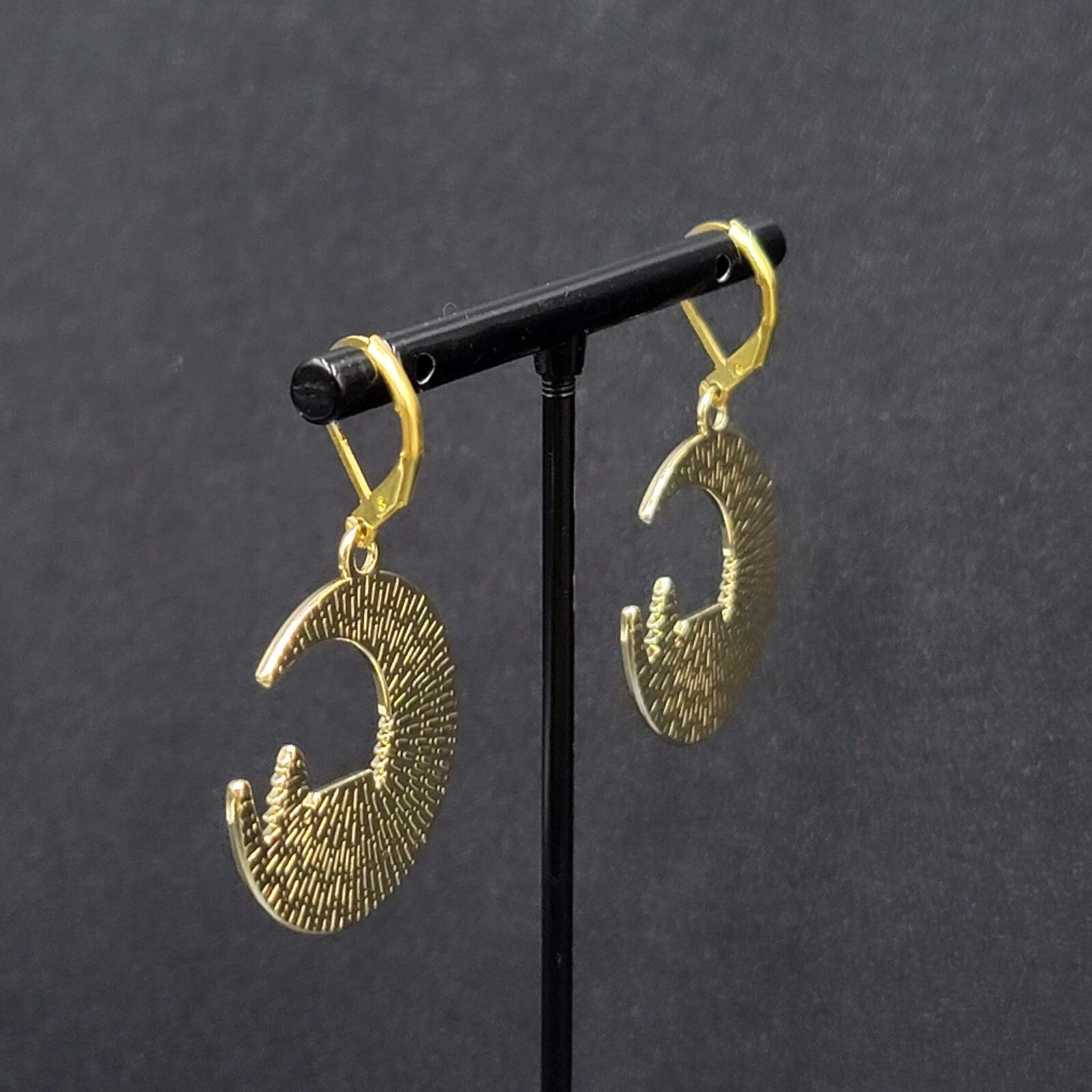 New Camping Scene Pierced Earrings Gold tone Enamel Dangle Moon Tent 1.25" FS