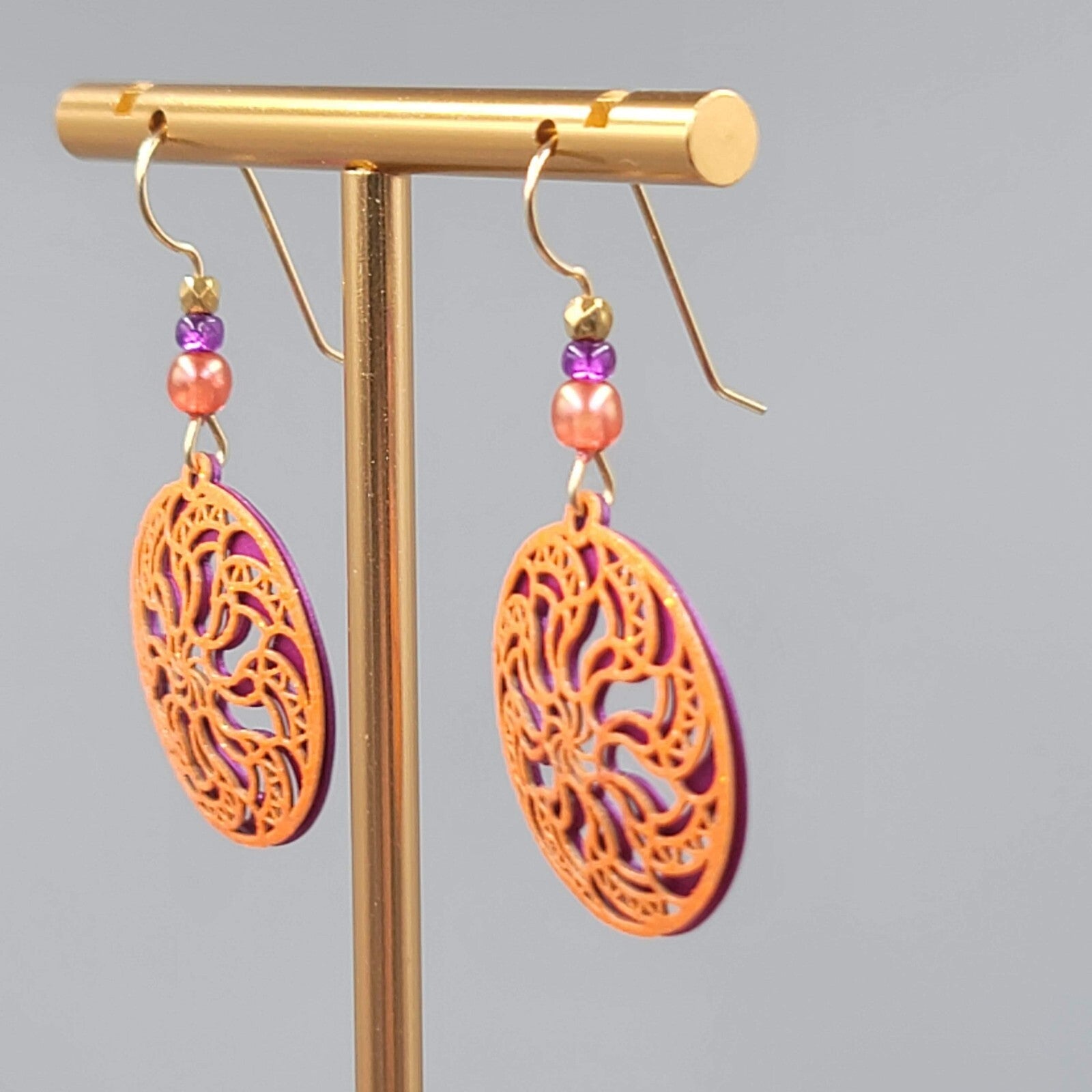 Laser Cut Metal Pierced Earrings Orange Purple Dangle 1"