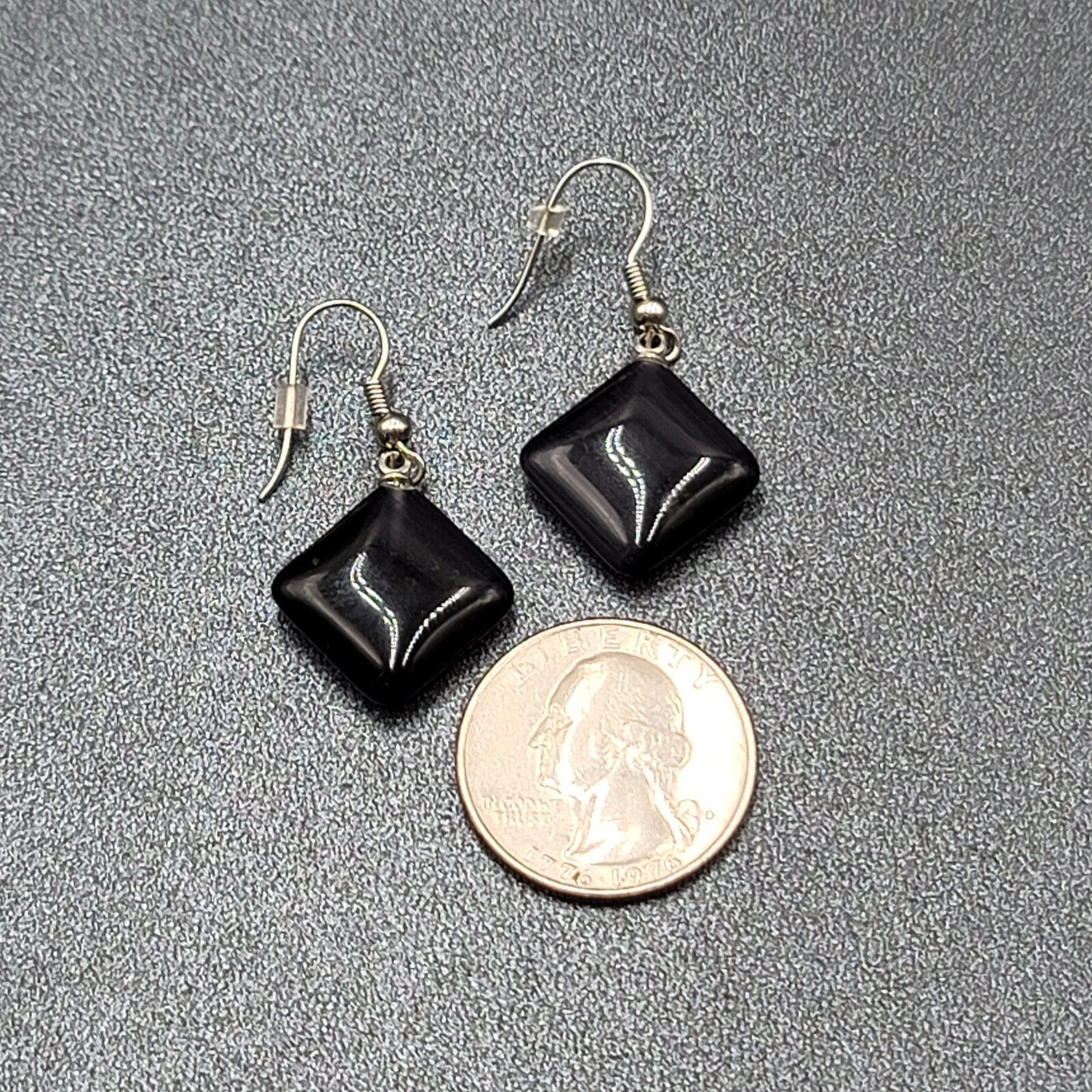Pierced Earrings Purple Gray Stone Satin Finish Dangle Square Silver tone 3/4"
