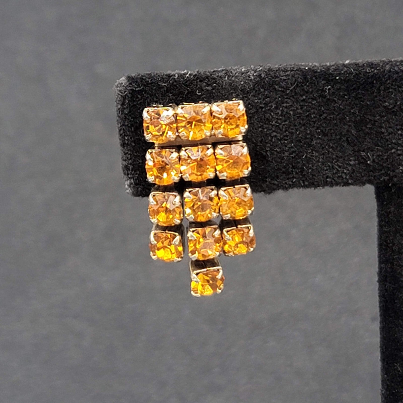 Vintage Clip on Earrings Gold tone Amber Orange Rhinestone Screw Back 1"