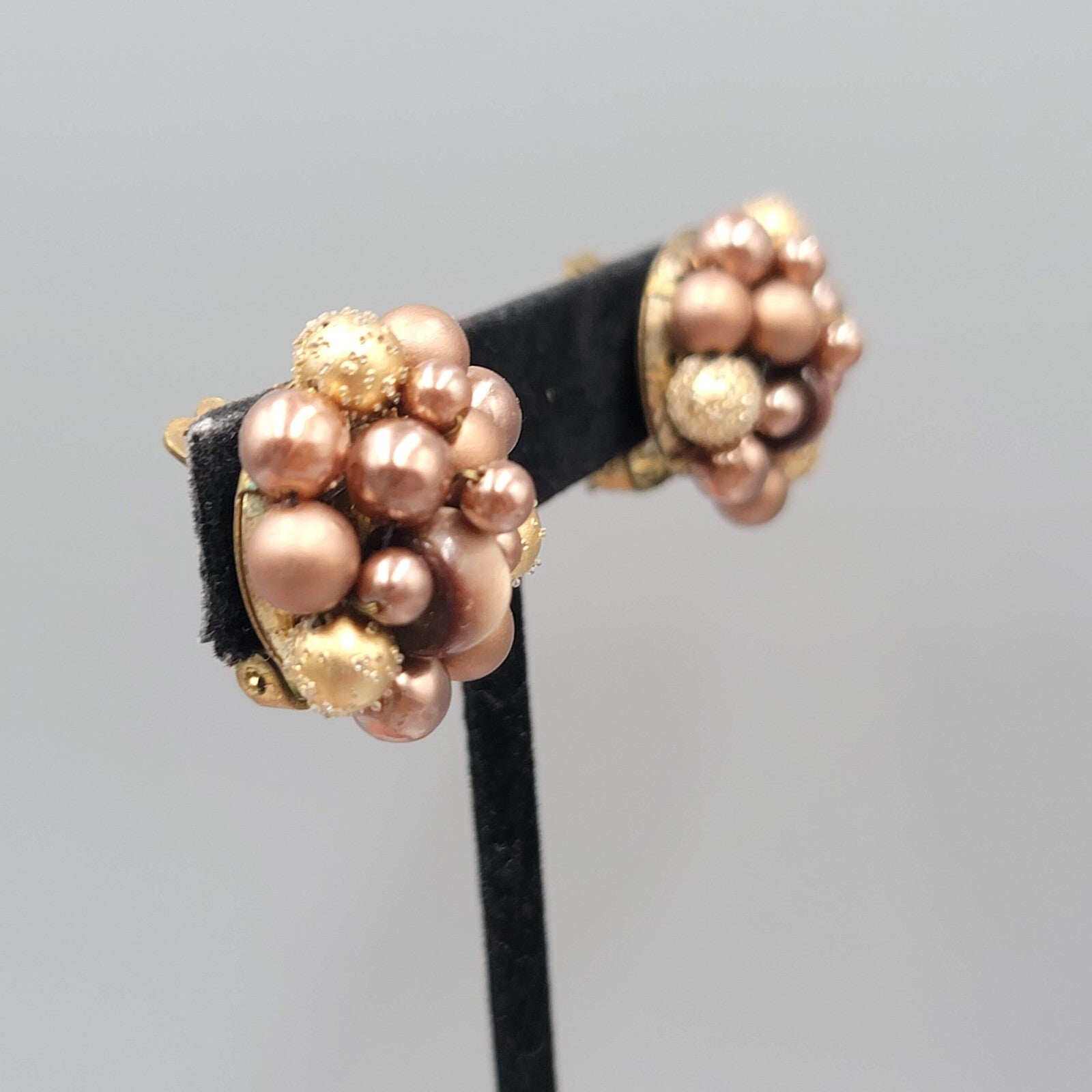 Vintage Japan Clip on Earrings Brown Cluster Bead Gold tone 7/8"