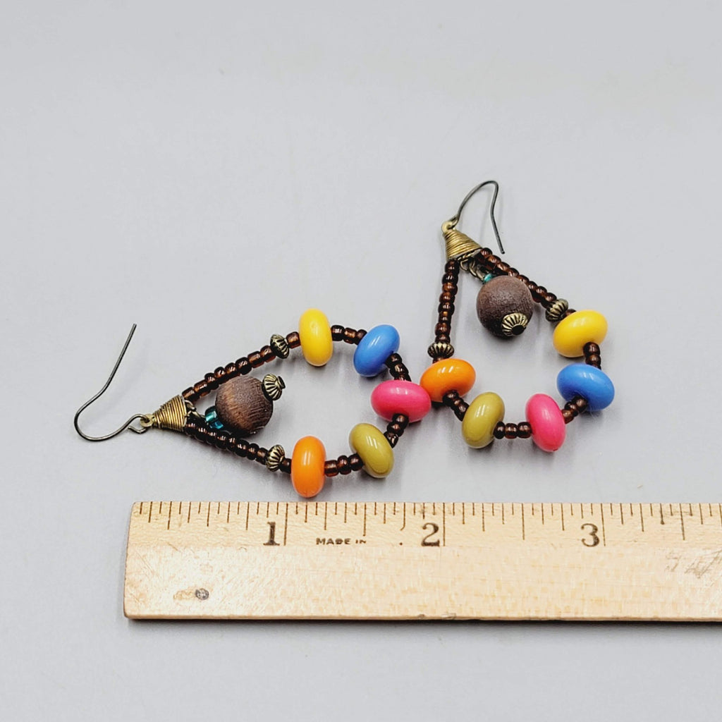 Multicolor Wood Beads Pierced Earrings Teardrop Dangle 2"