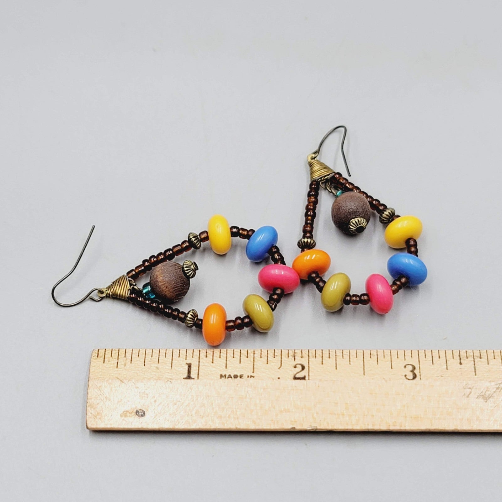 Multicolor Wood Beads Pierced Earrings Teardrop Dangle 2"