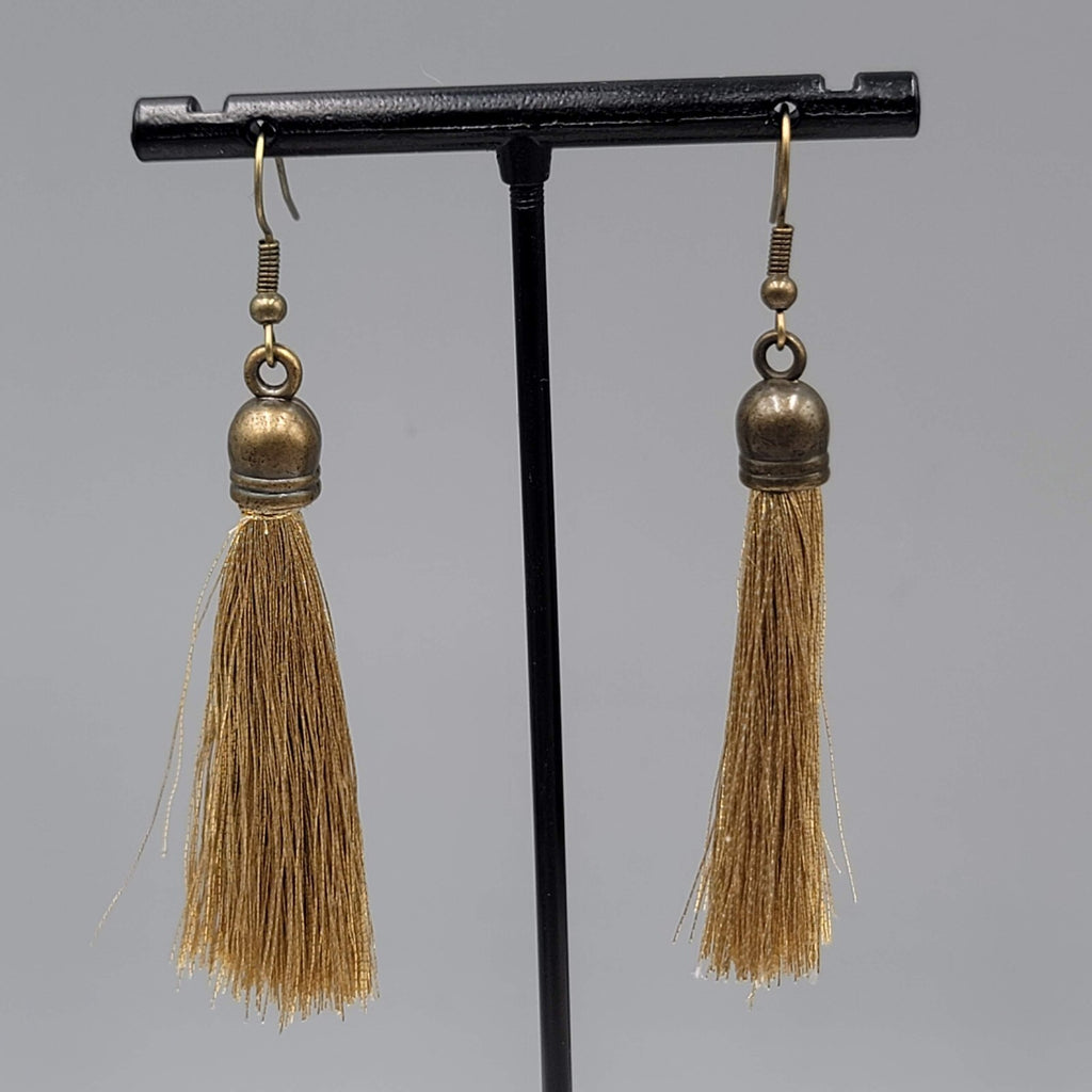 Tassel Pierced Earrings Bronze tone Gold Thread Dangle 2"