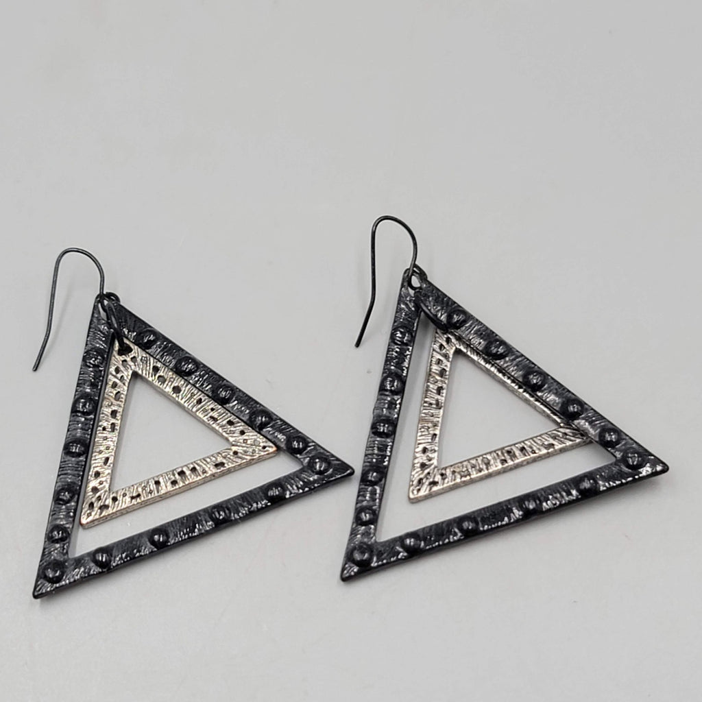 Black Enamel Double Triangle Pierced Earrings Dangle 1.75"