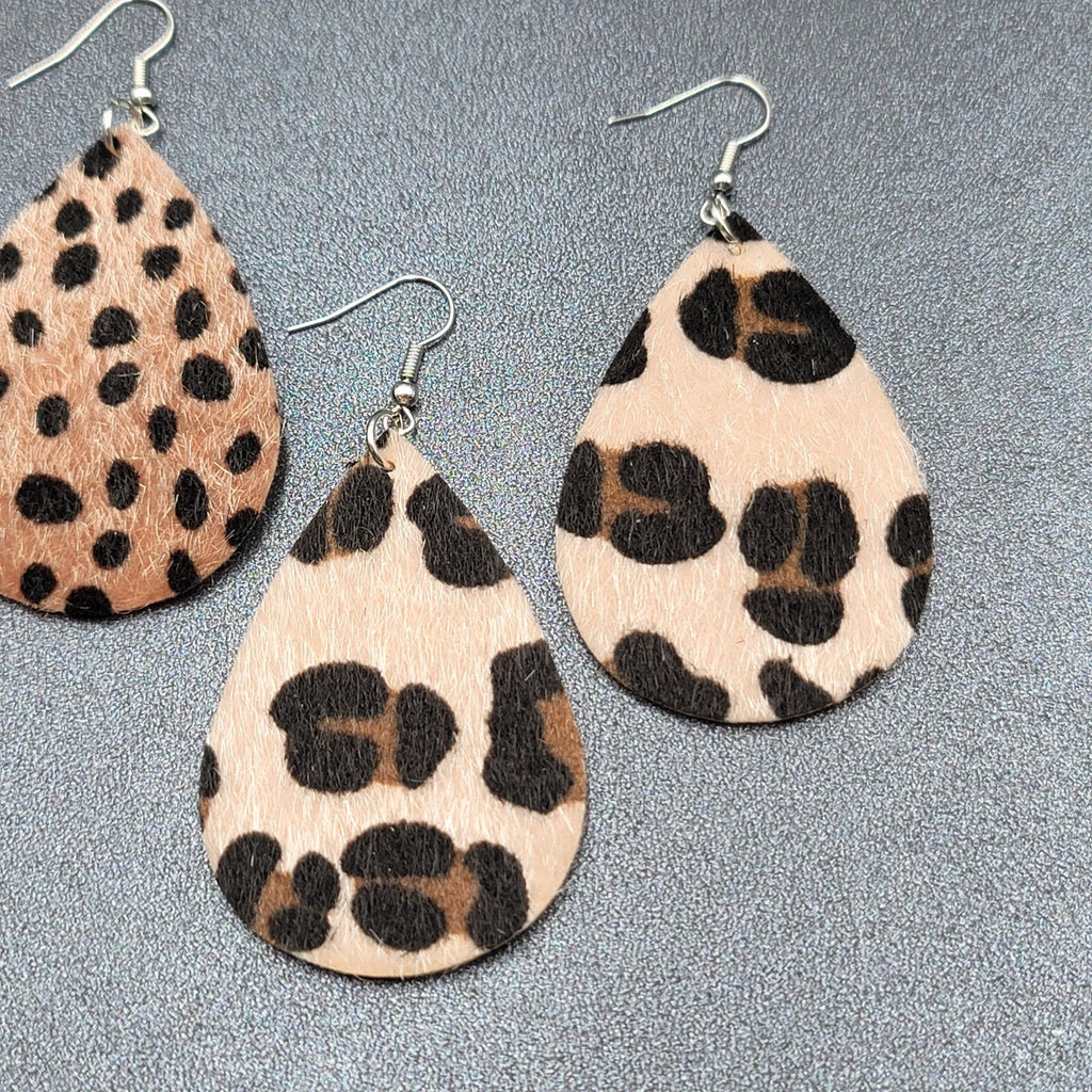 Lot of 2 Pierced Earrings Faux Leather Furry Cheetah and Leopard Print 2.25"