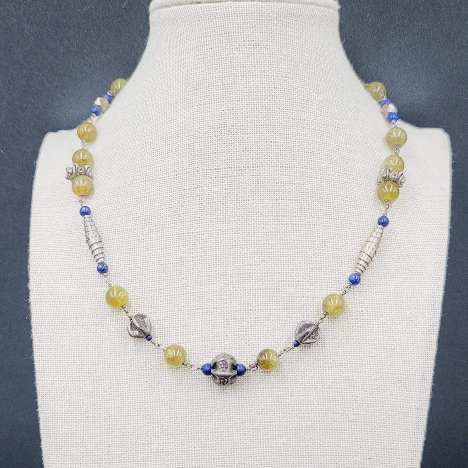 Sterling Silver Necklace Green Glass Blue Lapis Beads 18"-20"