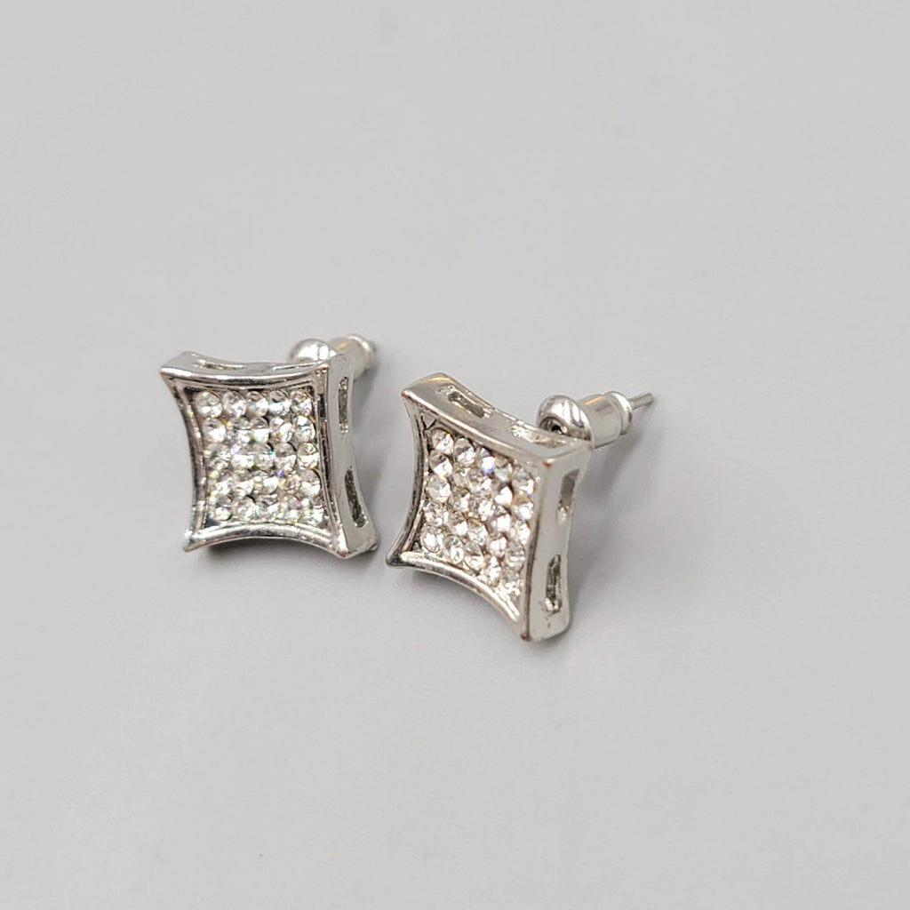 Crystal Square Studs Pierced Earrings Silver tone 1/2 in