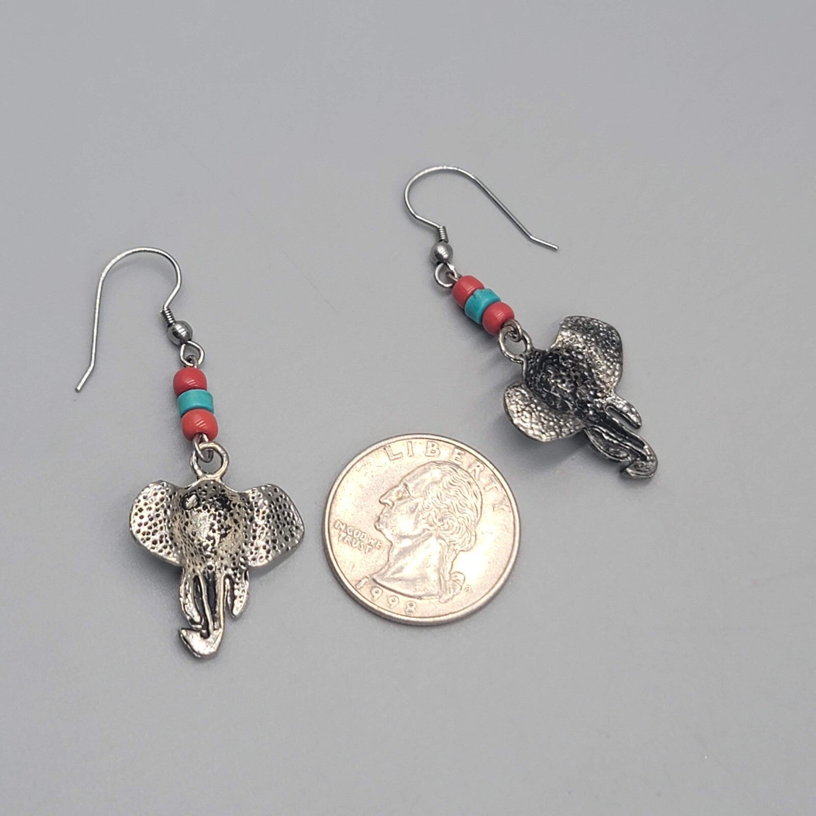 Elephant Bead Pierced Earrings Dangle Silver tone 1.5"