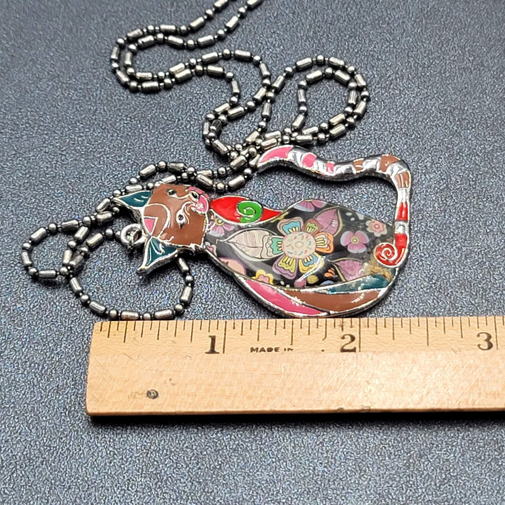 Marte and Joven Whimsical Enamel Cat Pendant Necklace Silver tone Ball Chain 26"