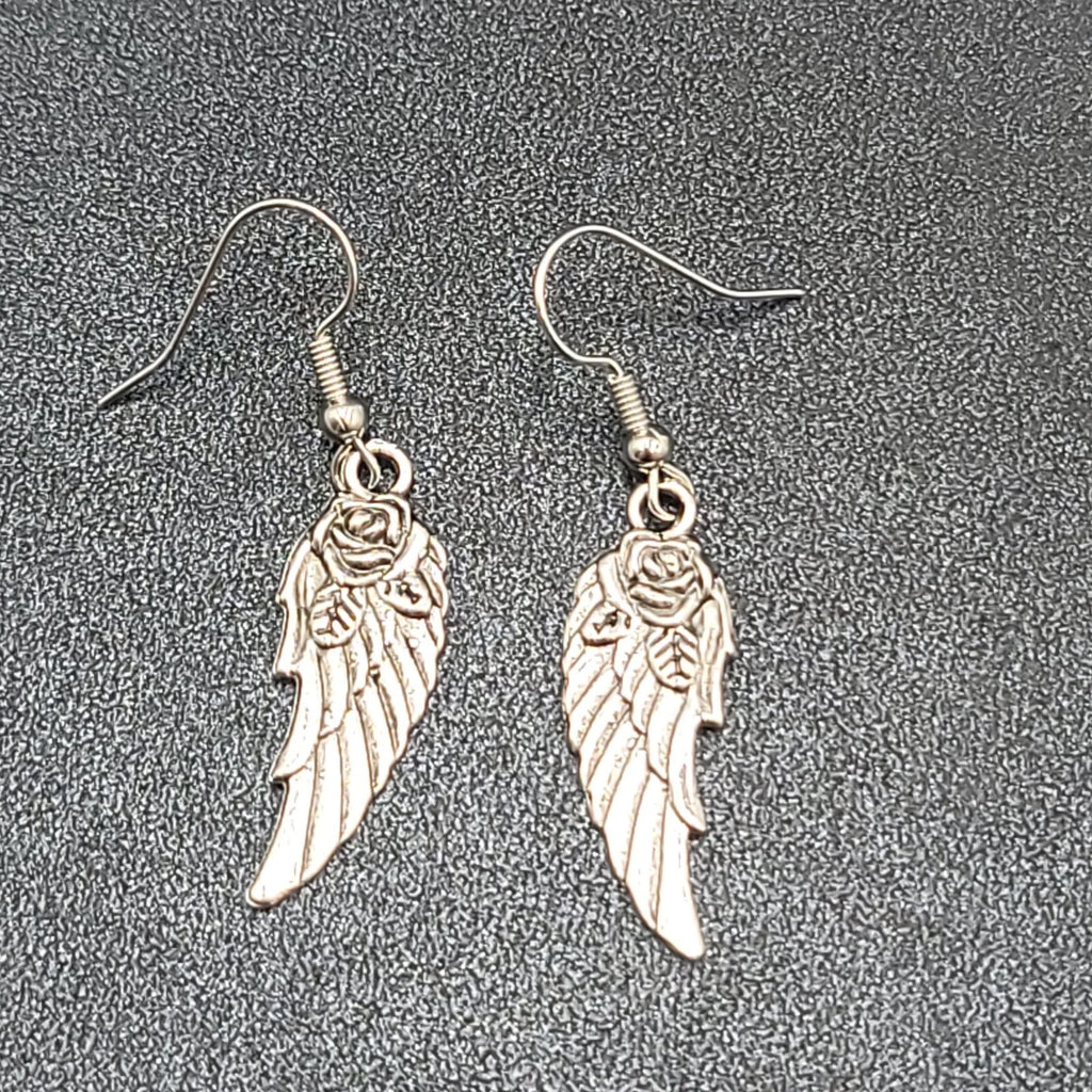 Wings Pierced Earrings Silver tone Rose Dangle 1 1/8"