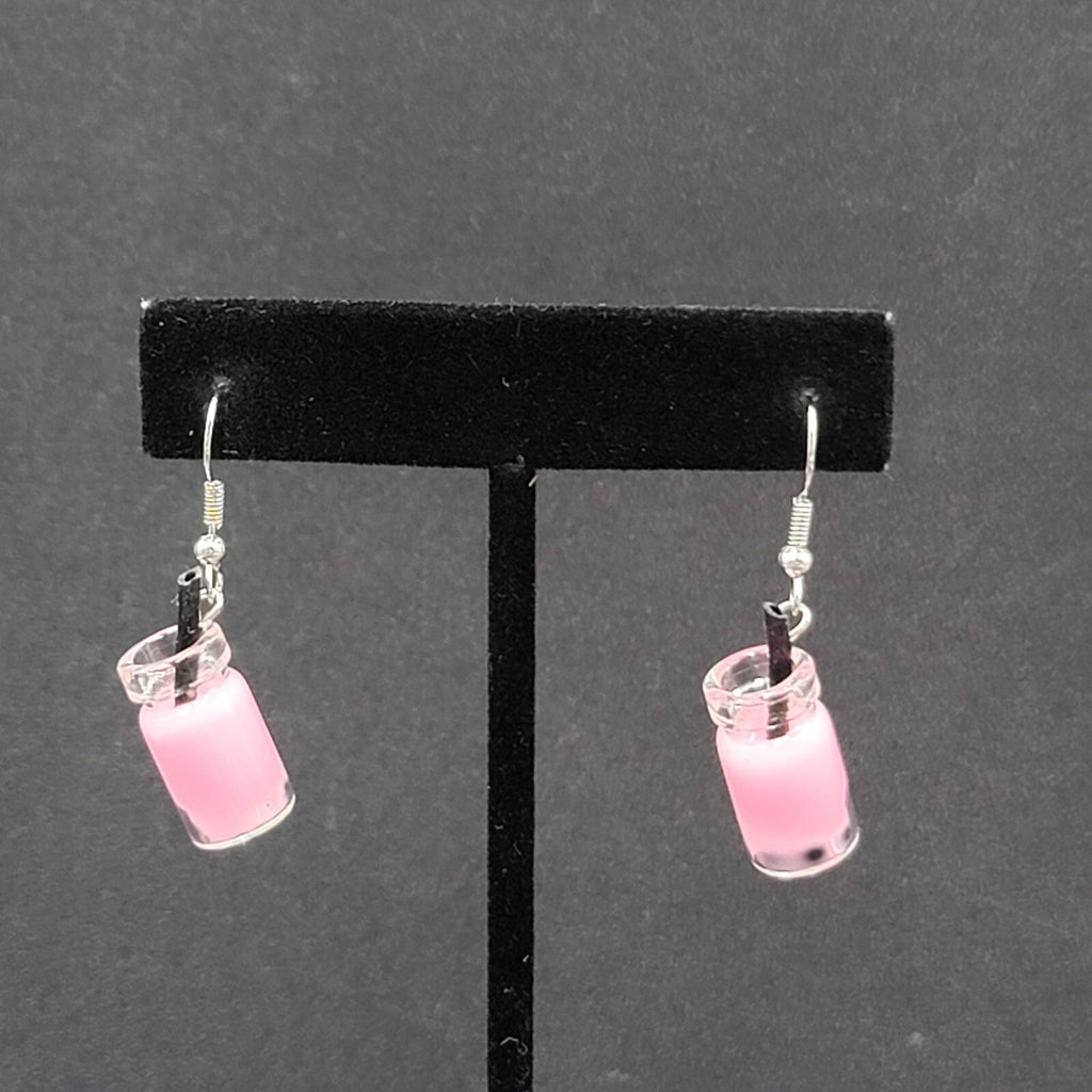 Pierced Earrings Pink Boba Tea Drink with Straw Novelty Dangle 1"