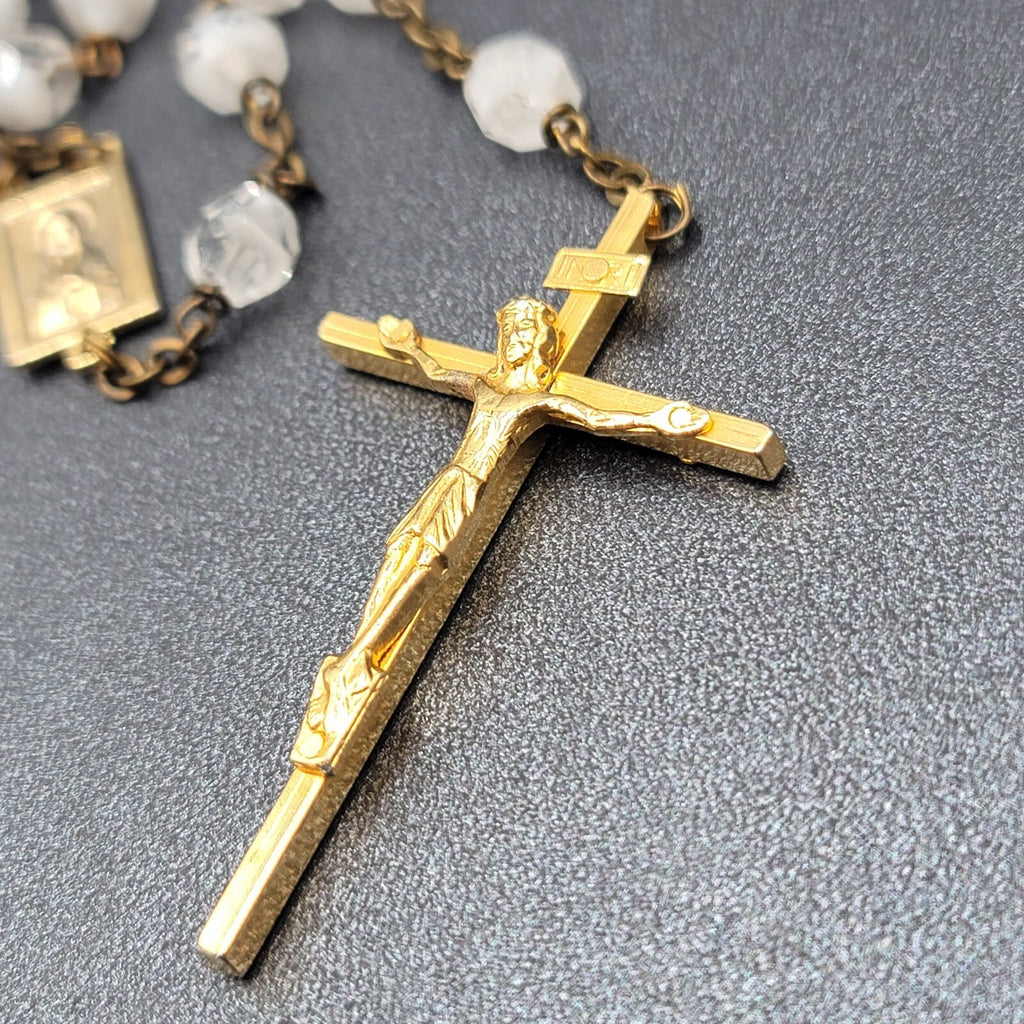 Vintage White Clear Glass Bead Catholic Rosary Crucifix Gold tone
