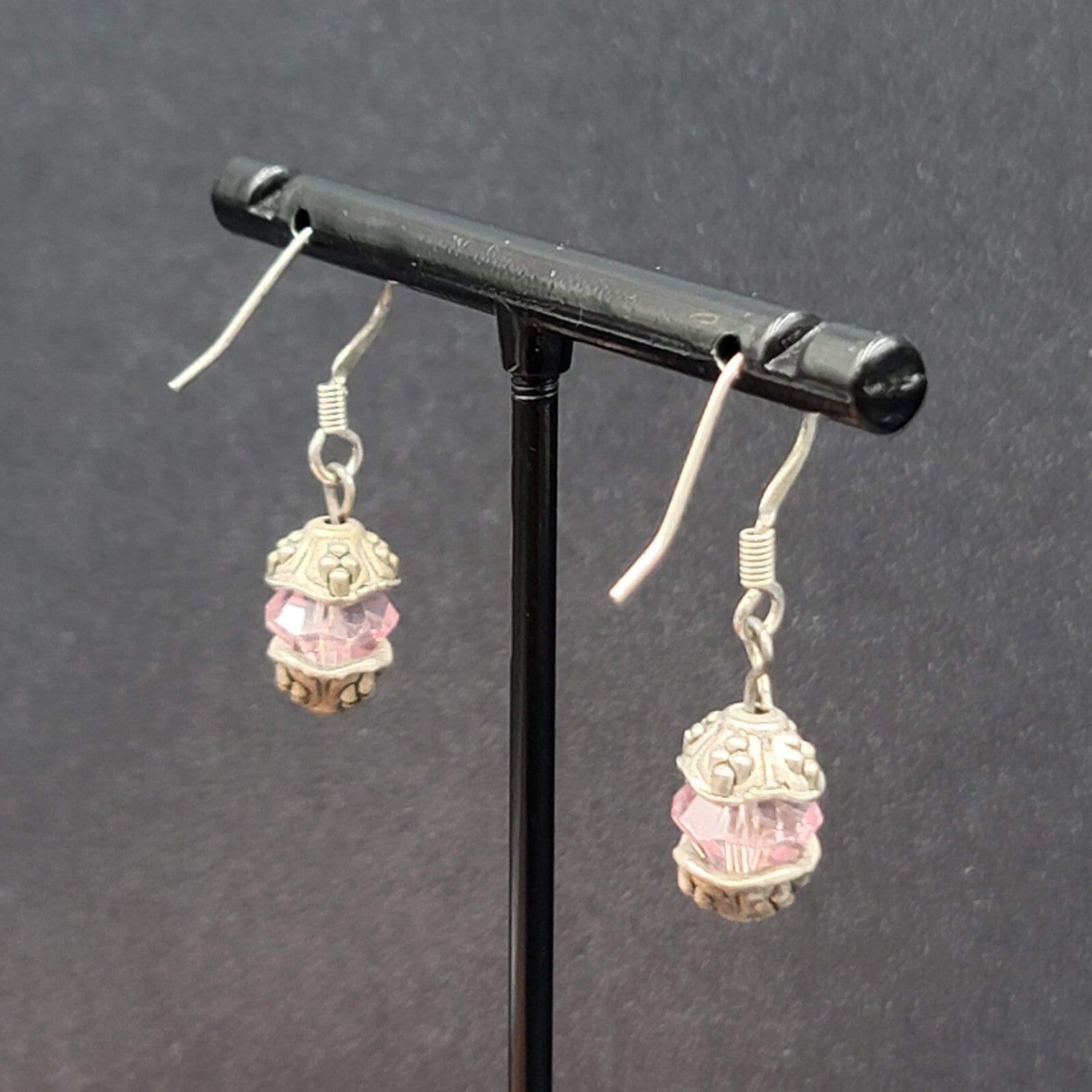 Pierced Earrings Silver tone Pink Crystal Bead Dangle 5/8"