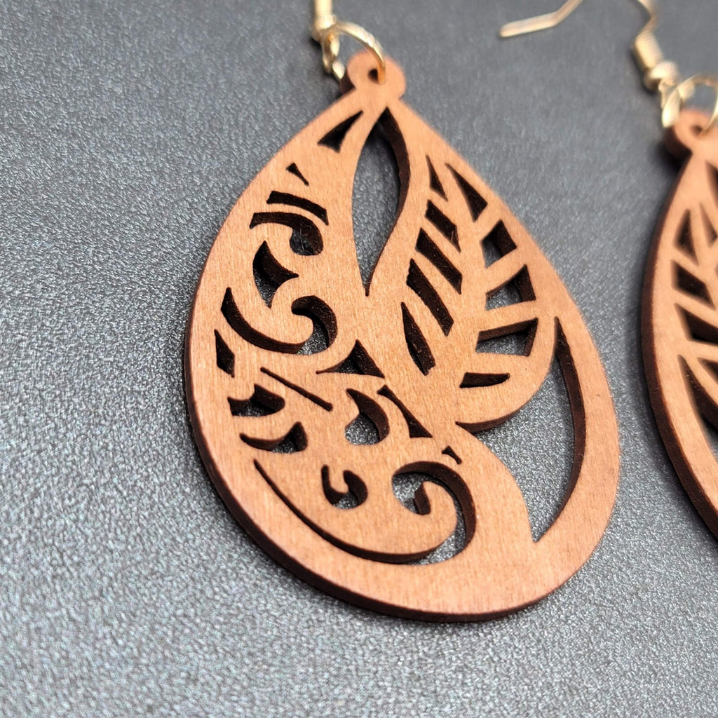 New Boho Pierced Earrings Solid Wood Teardrop Leaves Large Statement 2.5"